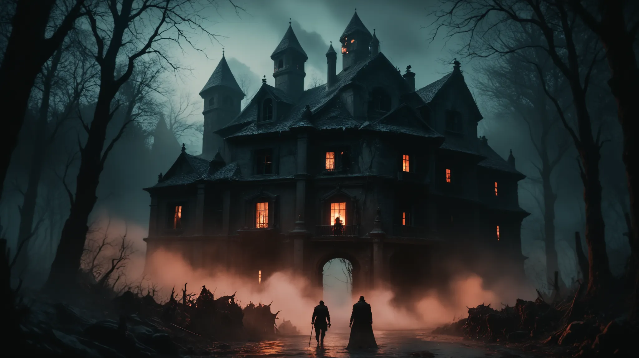 Eerie fog, creeping darkness, terrifying shadows, high detail, masterpiece.