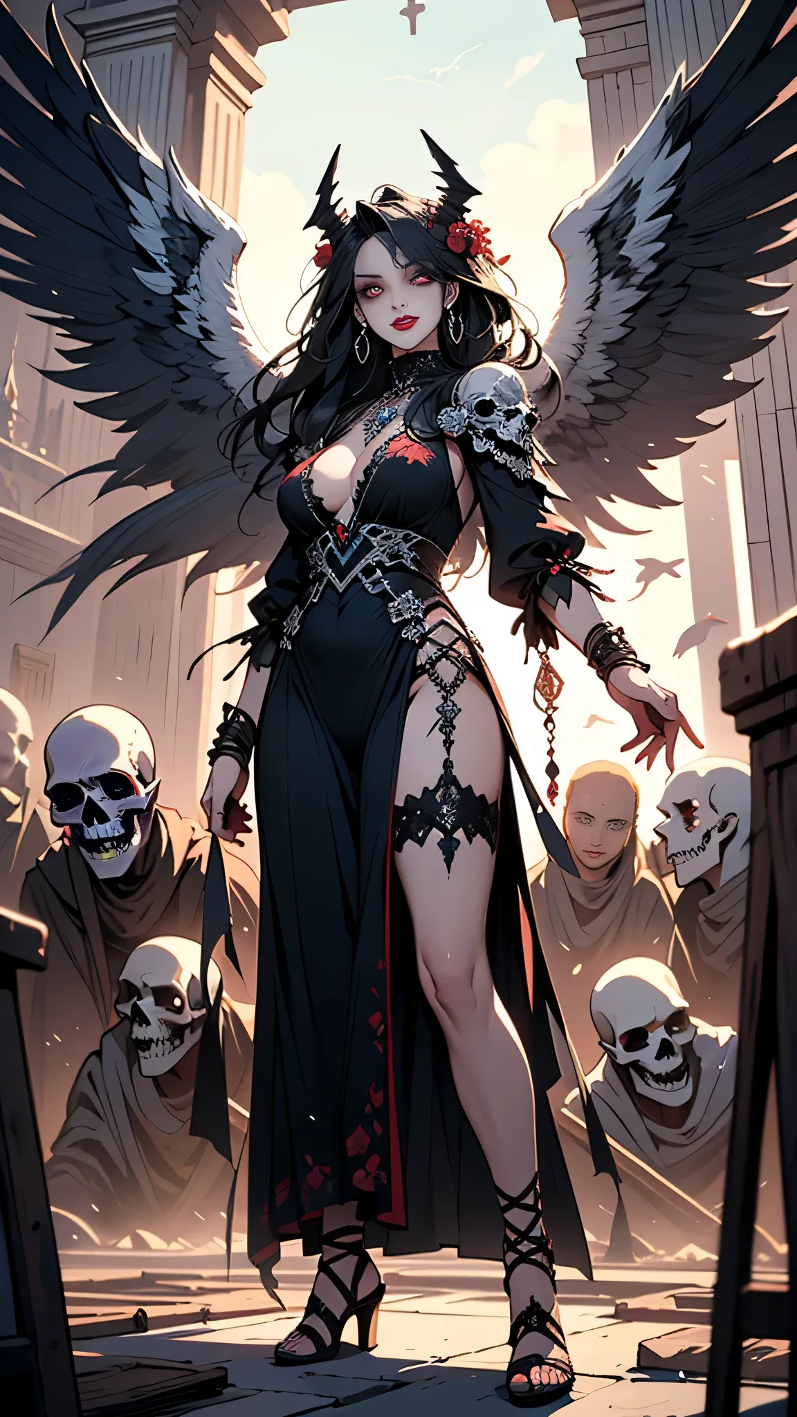 Alone, Sexy female, (A Fallen Angel), (beautiful onyx-black fallen angel wings, beautiful onyx-black) , ((standing, X)), (((beckoning you))), skeleton in one hand), front view, from below, horror style, beautiful black hair, Flowing black hair, perfect pal...