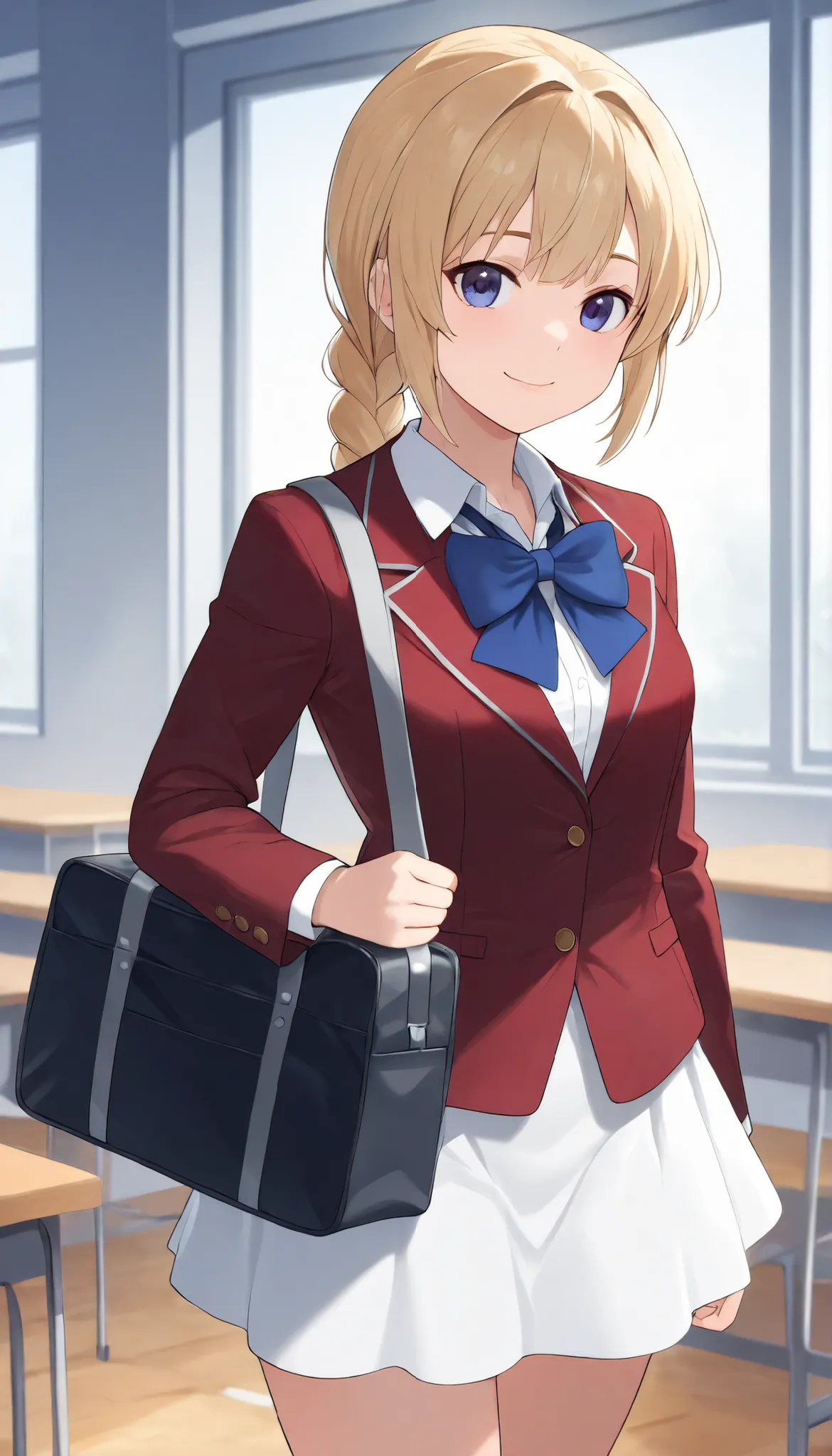 masterpiece, best quality, highres, ponytail hair, (single braid:1.2), hair ribbon, red blazer,buttoned blazer, blue bowtie, long sleeves, white skirt,standing in classroom,holding a school bag ,cowboy shot, smile,closed mouth, glossy lips