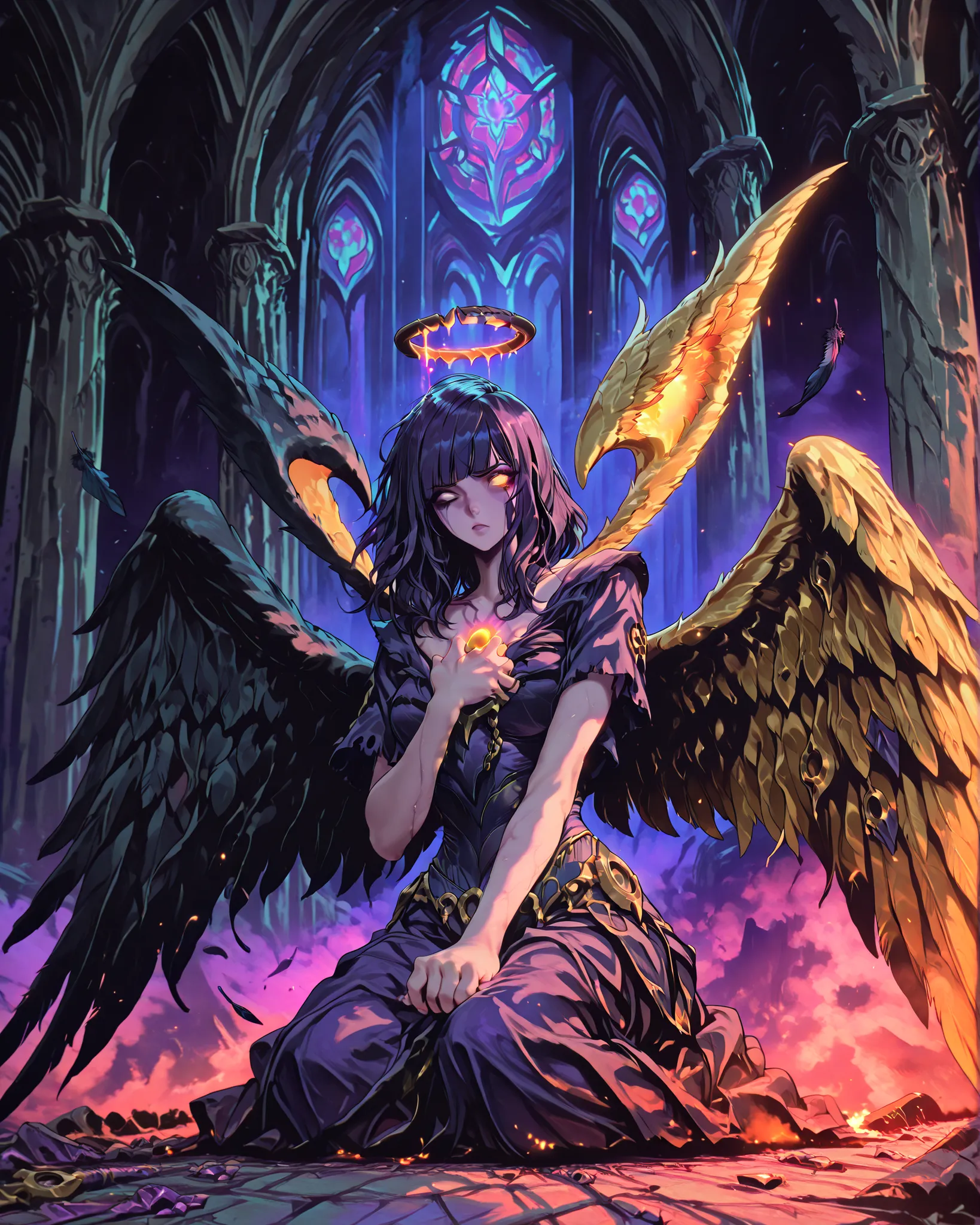  Masterpiece, ultra-detailed, 4K resolution, cinematic and melancholic lighting, emotional realism, dark fantasy aesthetic. Morgana from League of Legends stands alone in a desolate, ruined cathedral, bathed in pale twilight filtering through shattered sta...