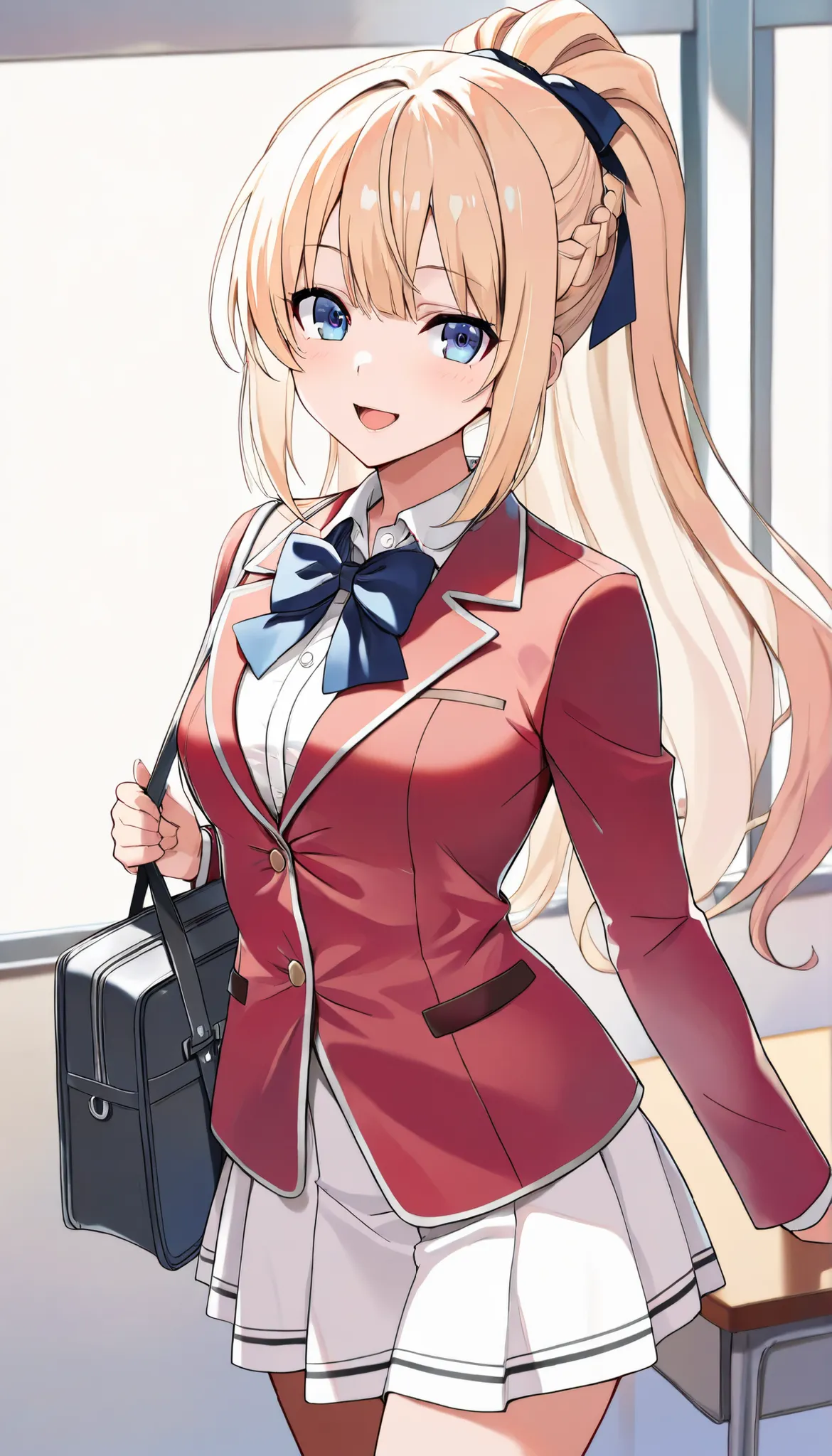 masterpiece, best quality, highres, ponytail hair, (single braid:1.2), hair ribbon, red blazer,buttoned blazer, blue bowtie, long sleeves, white skirt,standing in classroom,holding a school bag ,cowboy shot, smile,open mouth, glossy lips