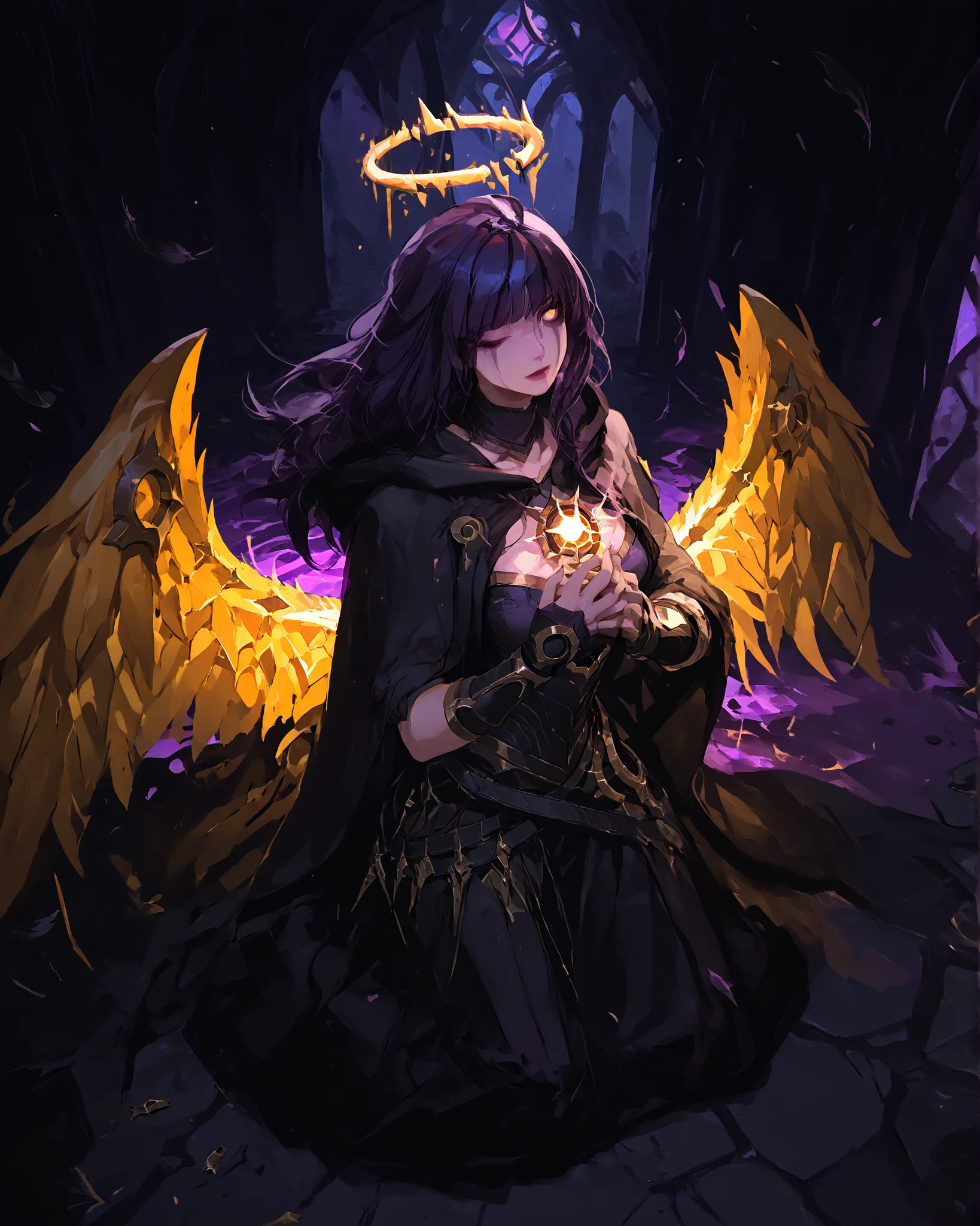  Masterpiece, ultra-detailed, 4K resolution, cinematic and melancholic lighting, emotional realism, dark fantasy aesthetic. Morgana from League of Legends stands alone in a desolate, ruined cathedral, bathed in pale twilight filtering through shattered sta...