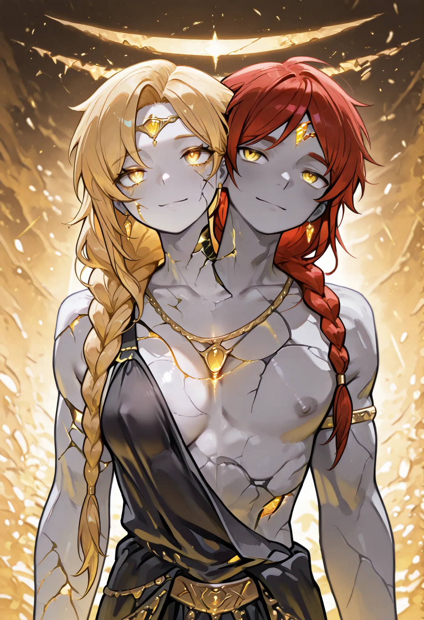 conjoined, 1girl, 1boy, 2heads, two heads, a tall thin girl and boy, with 2 heads, QueenMarika, blonde hair, single braid, jewelry, forehead jewel, armlet, black dress, cleavage, pelvic curtain, radagon, cracked skin, grey skin, glowing, yellow eyes, tople...