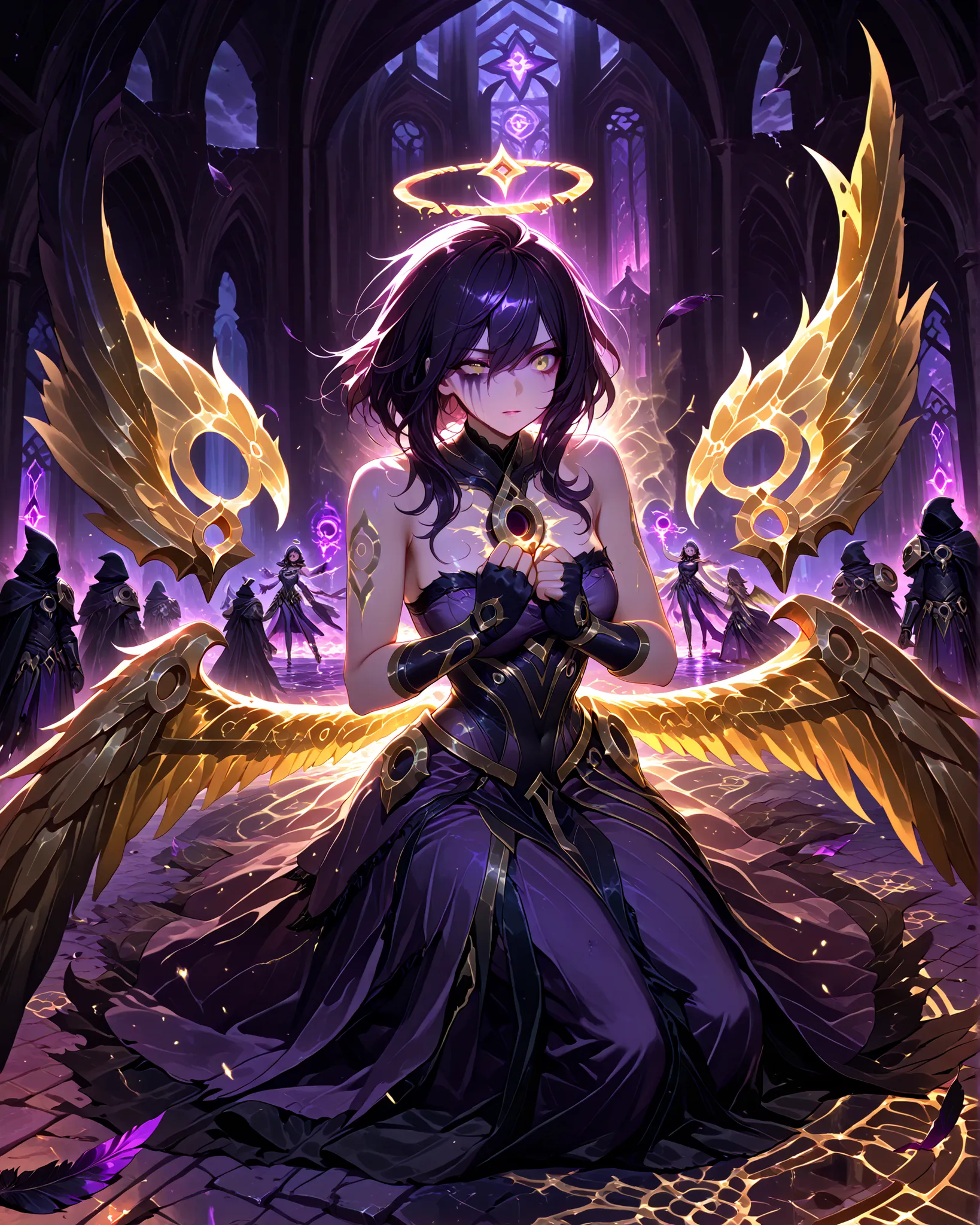  Masterpiece, ultra-detailed, 4K resolution, cinematic and melancholic lighting, emotional realism, dark fantasy aesthetic. Morgana from League of Legends stands alone in a desolate, ruined cathedral, bathed in pale twilight filtering through shattered sta...