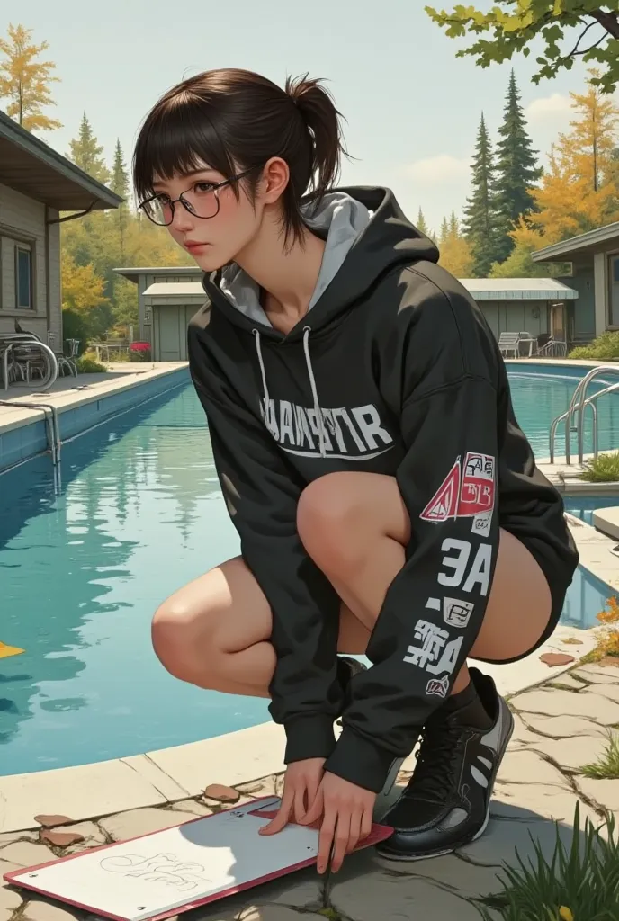 ((top quality、masterpiece、high sensitivity、high resolution、Detailed Description、depiction of a delicate face、Ｆvalue：6.0),((Slender Woman、wearing glasses)),Advanced Digital Art、School Swimsuit、hoodie、Holding a beatboard 、Crouching by the pool、