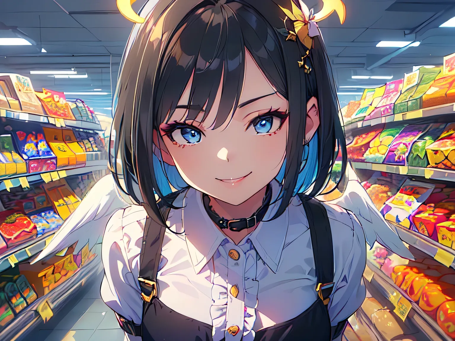 (Upper body POV, Toon rendering, Cel shading, Cel look, Toon shading, Toon shader, Cel shader, Diffusion filter, Anatomically correct: 1.5), (Solo, Former fallen angel girl, angel halo, hiding arms behind back, round face: 1.5), (Shopping at a supermarket:...