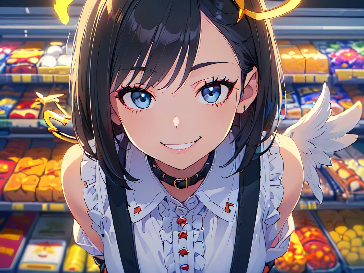 (Upper body POV, Toon rendering, Cel shading, Cel look, Toon shading, Toon shader, Cel shader, Diffusion filter, Anatomically correct: 1.5), (Solo, Former fallen angel girl, angel halo, hiding arms behind back, round face: 1.5), (Shopping at a supermarket:...