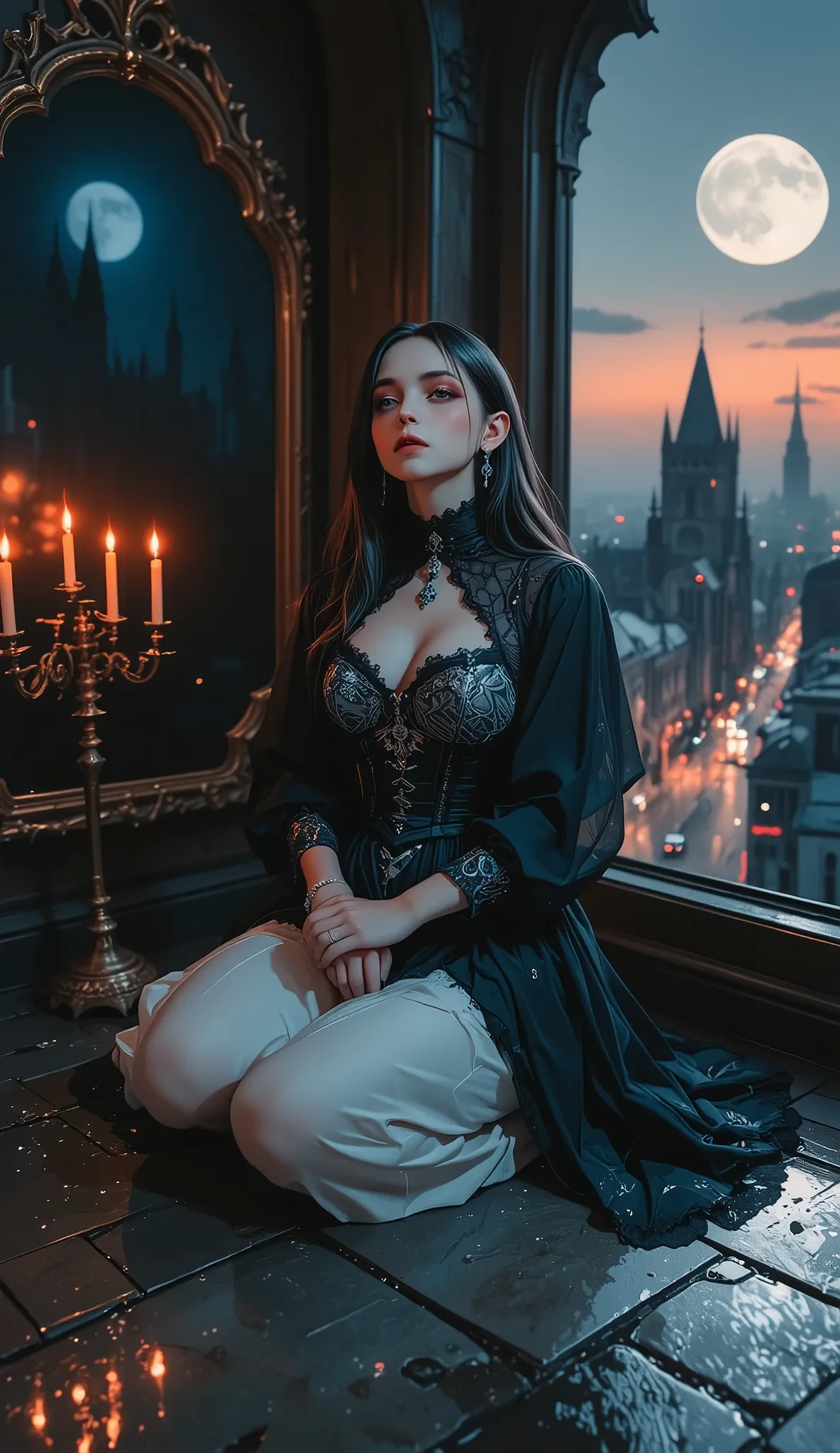 A young, very beautiful girl with aristocratic pallor of skin and almond-shaped eyes, accentuated by dark makeup, is sitting on an old stone floor near a large Gothic-style window. Her pose is half-embryo: knees pulled up to her chest, arms wrapped around ...