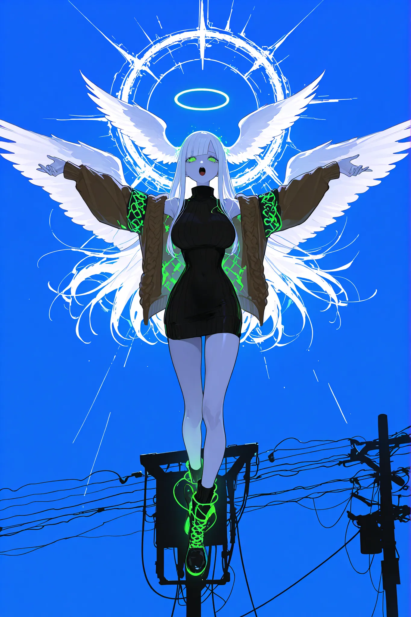 (xxx667_illu,)(feathered head wings, demon head wings, [color] head wings, multicolored head wings ,)The winged woman is angel. She has a mature bodybuilding  with big breasts , thin waist and wide hips. She has a peachy pale skin. She has glowing green ey...