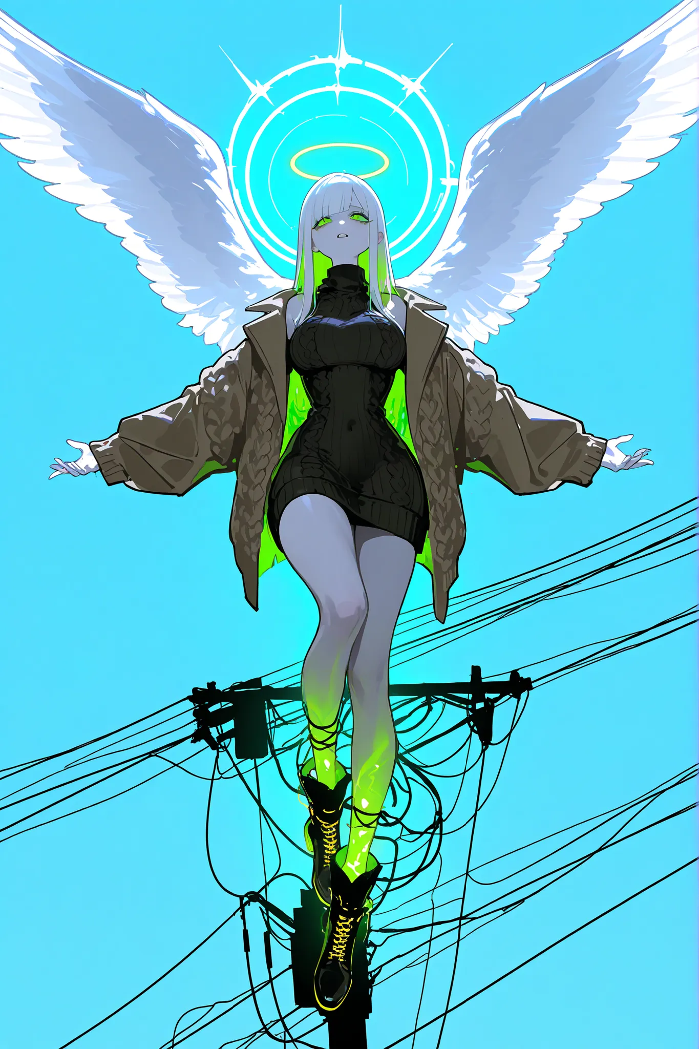 (xxx667_illu,)(feathered head wings, demon head wings, [color] head wings, multicolored head wings ,)The winged woman is angel. She has a mature bodybuilding  with big breasts , thin waist and wide hips. She has a peachy pale skin. She has glowing green ey...