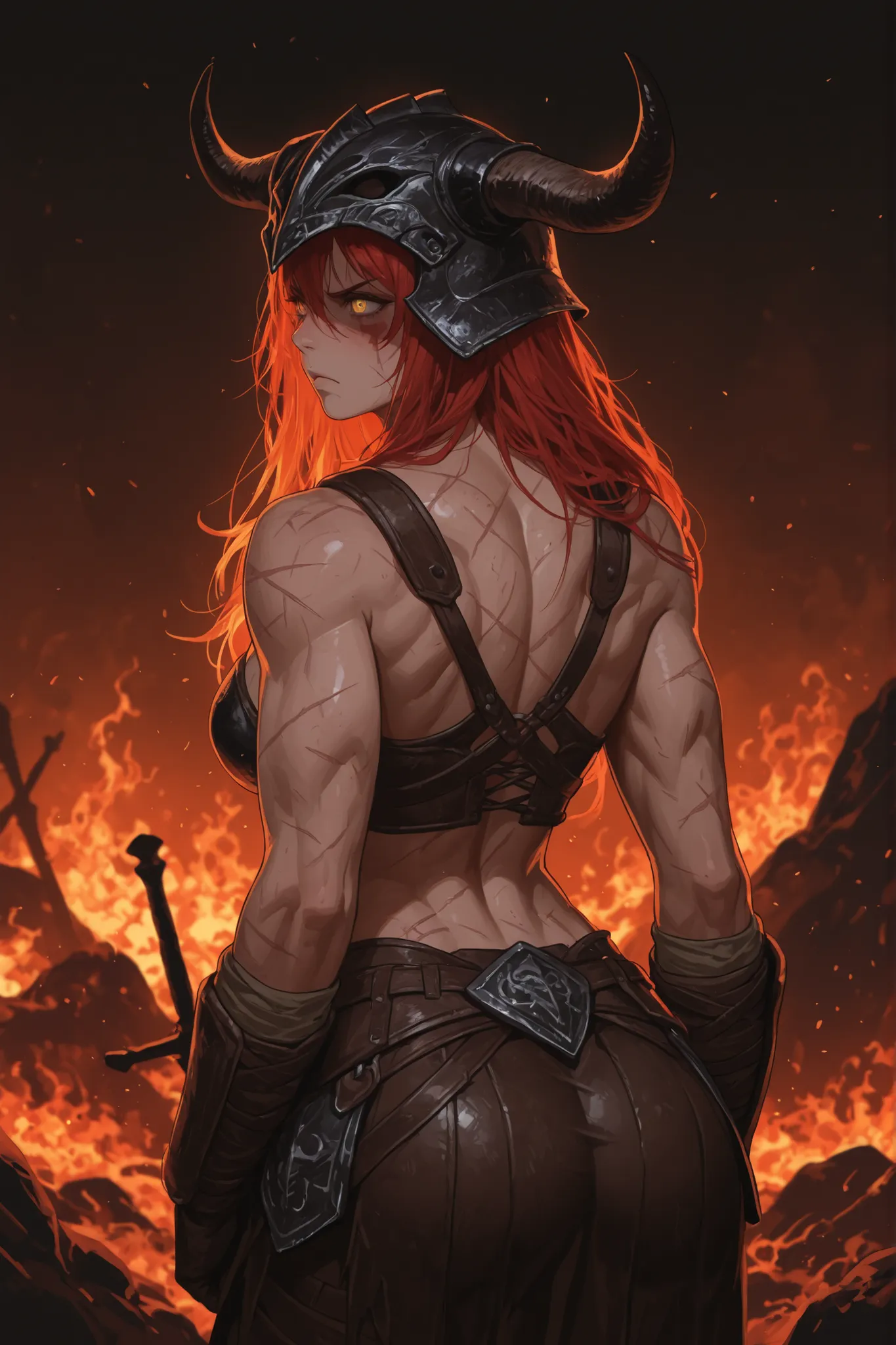 a barbarian warrior, with a beautiful face marked with scars, in a back pose where you can see the muscles of her back without losing her sexy appearance, with scars, wearing detailed and tight leather armor, and a horned helmet, her facial expression is a...