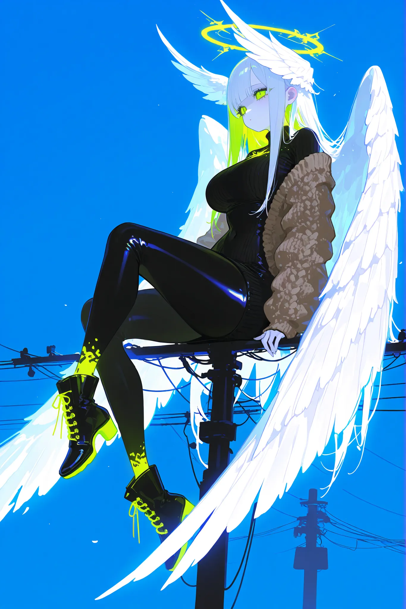 (xxx667_illu,)(feathered head wings, demon head wings, [color] head wings, multicolored head wings ,)The winged woman is angel. She has a mature bodybuilding  with big breasts , thin waist and wide hips. She has a peachy pale skin. She has glowing green ey...
