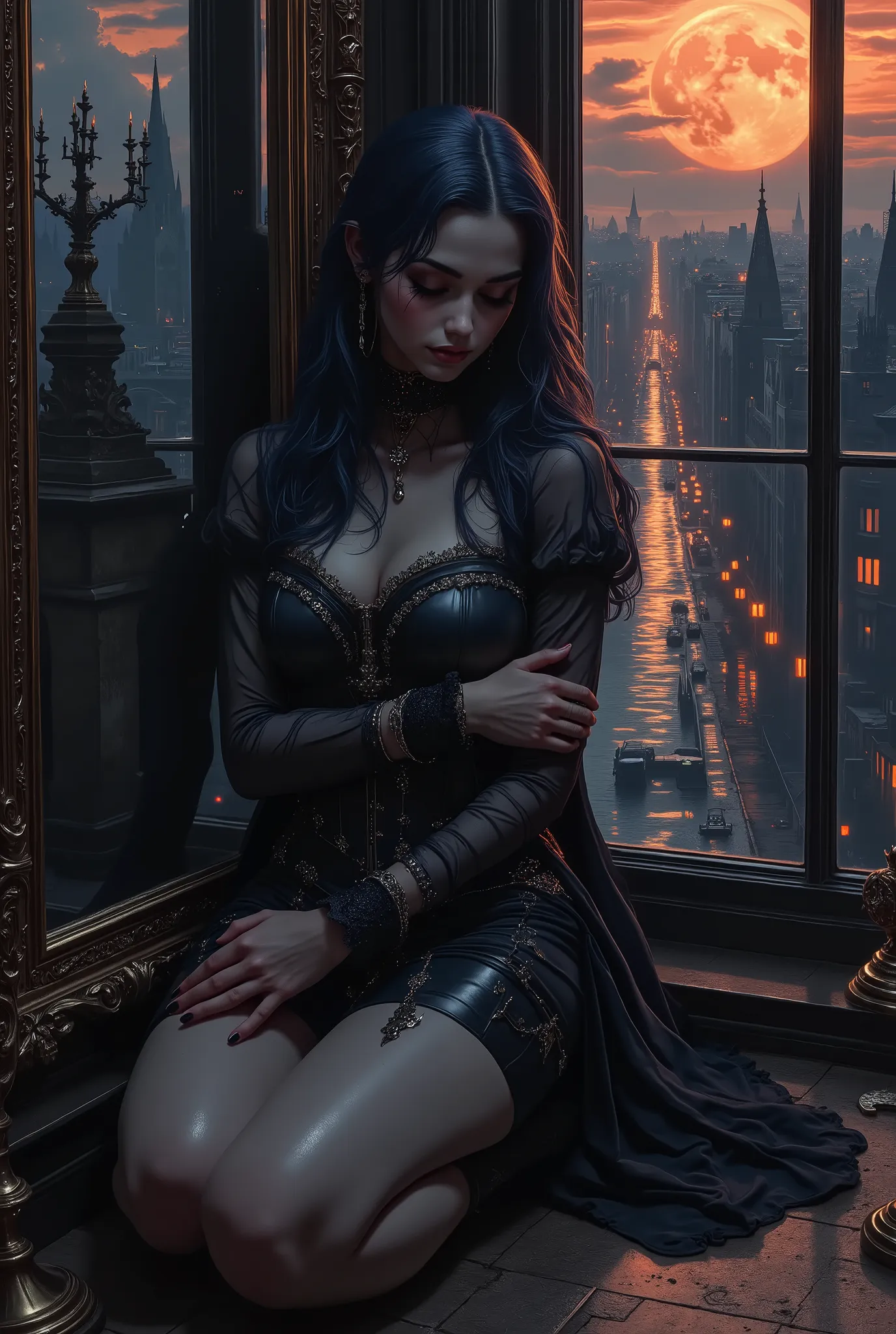 A young, very beautiful girl with aristocratic pallor of skin and almond-shaped eyes, accentuated by dark makeup, is sitting on an old stone floor near a large Gothic-style window. Her pose is half-embryo: knees pulled up to her chest, arms wrapped around ...