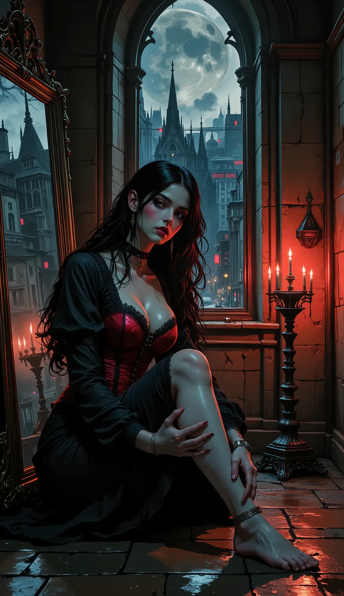A young, very beautiful girl with aristocratic pallor of skin and almond-shaped eyes, accentuated by dark makeup, is sitting on an old stone floor near a large Gothic-style window. Her pose is half-embryo: knees pulled up to her chest, arms wrapped around ...