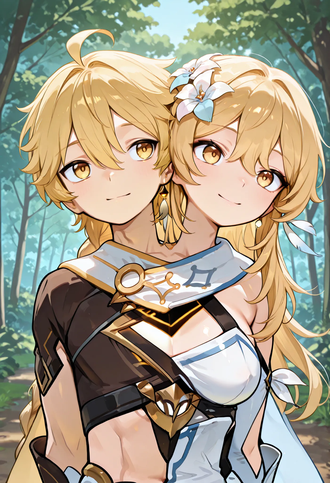 conjoined, 1girl, 1boy, 2heads, two heads, a tall thin girl and boy, with 2 heads, front shots, aether, yellow eyes, blonde hair, long hair, ahoge, hair between eyes, braid, single braid, lumine, bangs, blonde hair, hair ornament, hair between eyes, yellow...