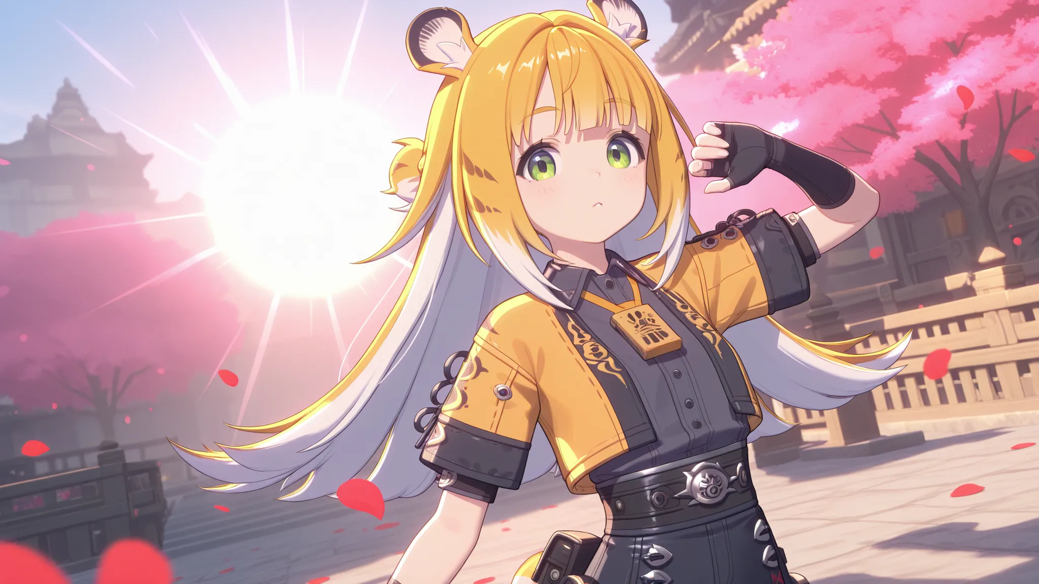 jufufu,1 girl, turned around, fighting pose, looks at the viewer, epic background
masterpiece, top quality, superb quality, is very beautiful, very high resolution, shiny skin, Shine, sun beam, flower petals on
