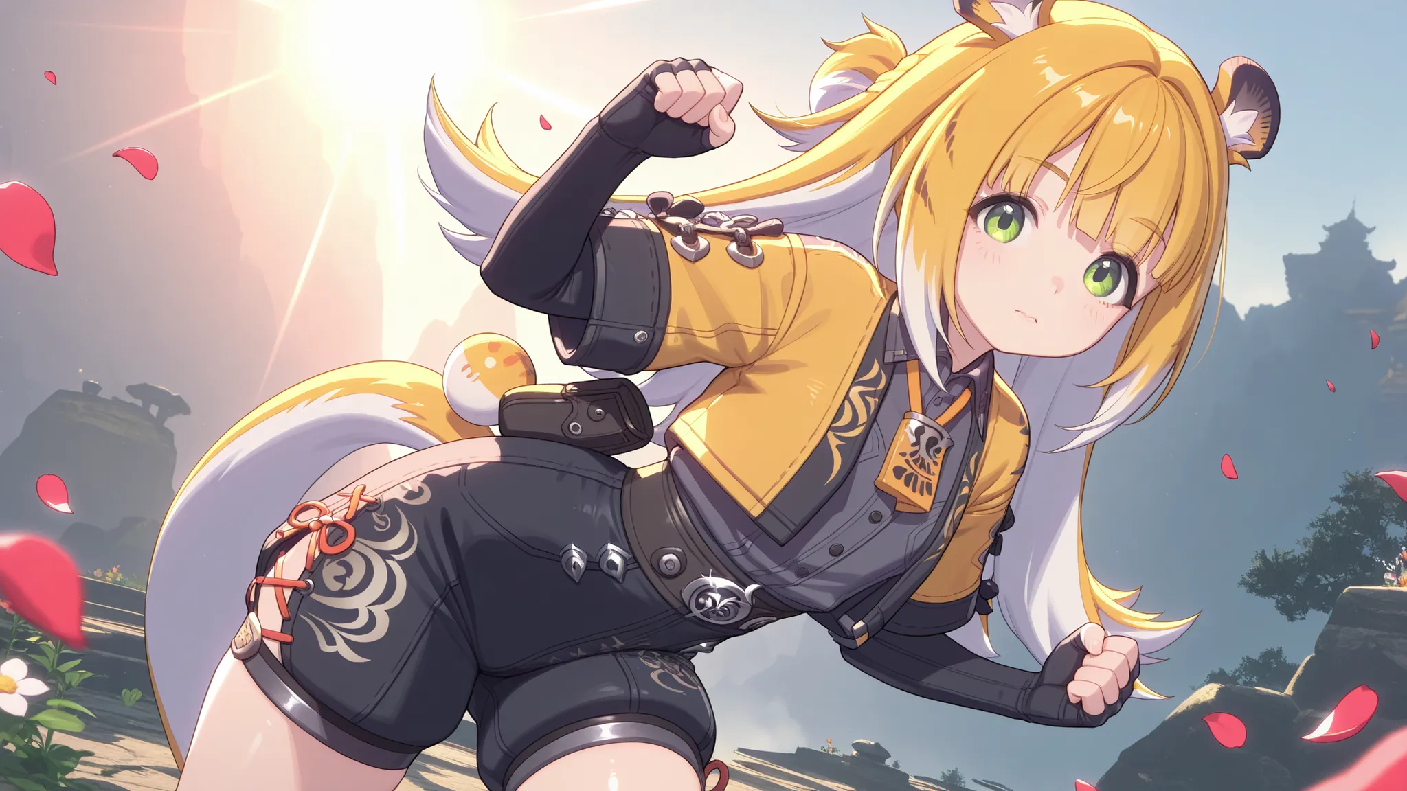 jufufu,1 girl, turned around, fighting pose, looks at the viewer, epic background
masterpiece, top quality, superb quality, is very beautiful, very high resolution, shiny skin, Shine, sun beam, flower petals on