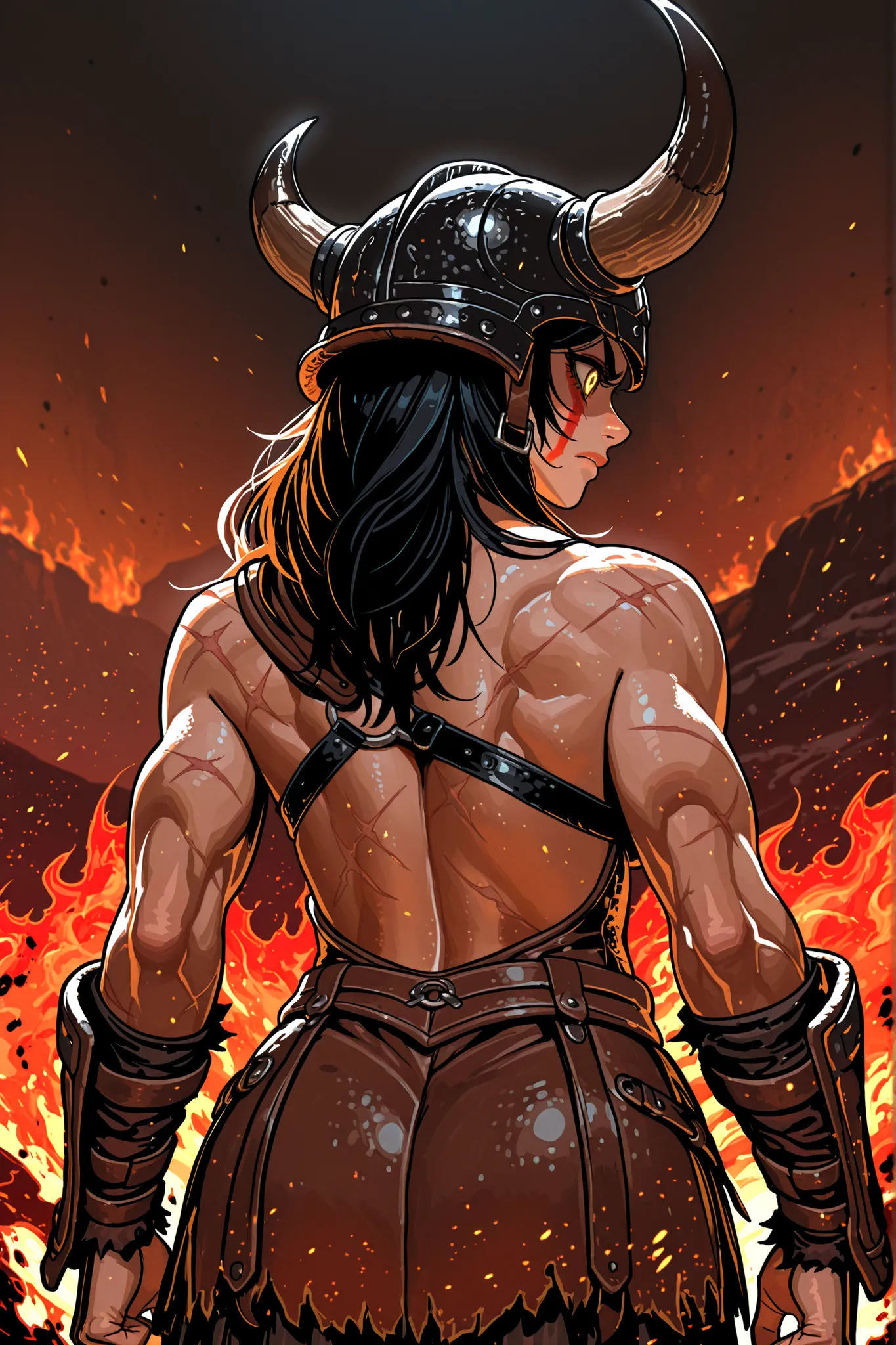 a barbarian warrior, with a beautiful face marked with scars, in a back pose where you can see the muscles of her back without losing her sexy appearance, with scars, wearing detailed and tight leather armor, and a horned helmet, her facial expression is a...