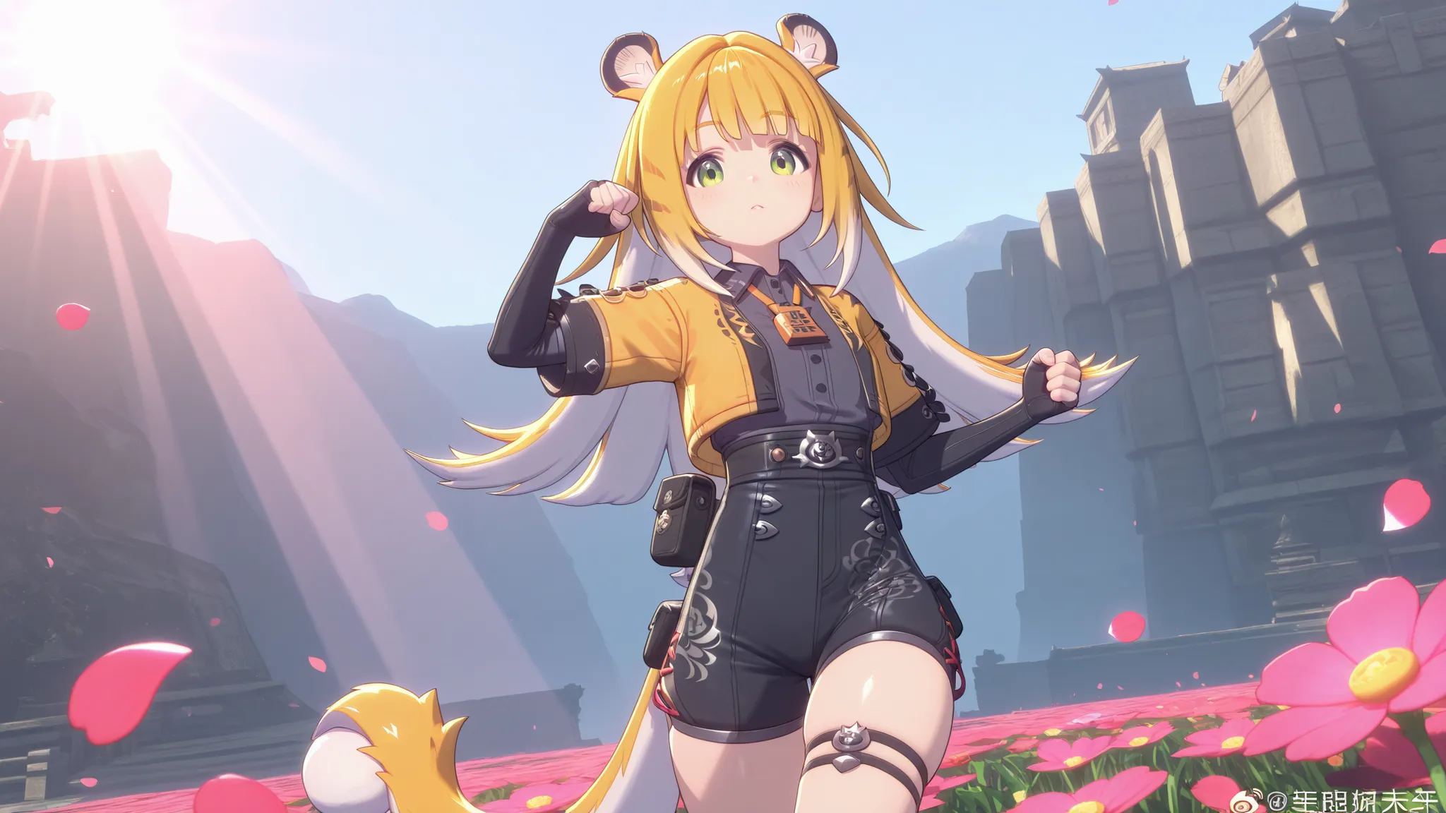 jufufu,1 girl, turned around, fighting pose, looks at the viewer, epic background
masterpiece, top quality, superb quality, is very beautiful, very high resolution, shiny skin, Shine, sun beam, flower petals on