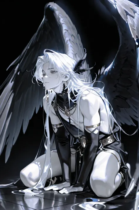 Handsome handsome boy, attractive, Man over 20 years old, alone, masterpiece, Premium , fine eyes, twinkling stardust dissipation, Ancient Angels,huge wings(with wings inlaid with diamonds next to feathers), black theme ,Kneeling on the floor