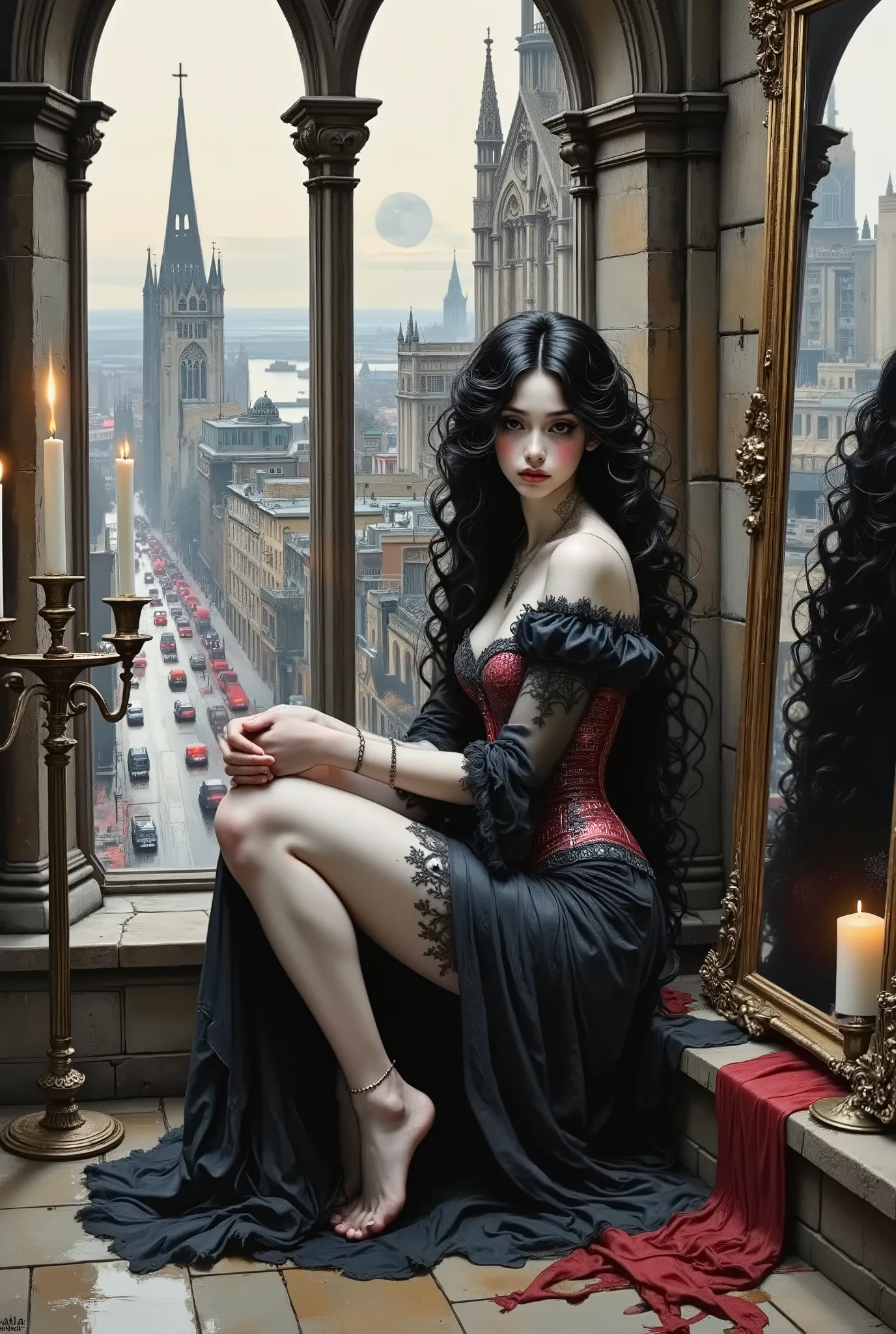 A young, very beautiful girl with aristocratic pallor of skin and almond-shaped eyes, accentuated by dark makeup, is sitting on an old stone floor near a large Gothic-style window. Her pose is half-embryo: knees pulled up to her chest, arms wrapped around ...