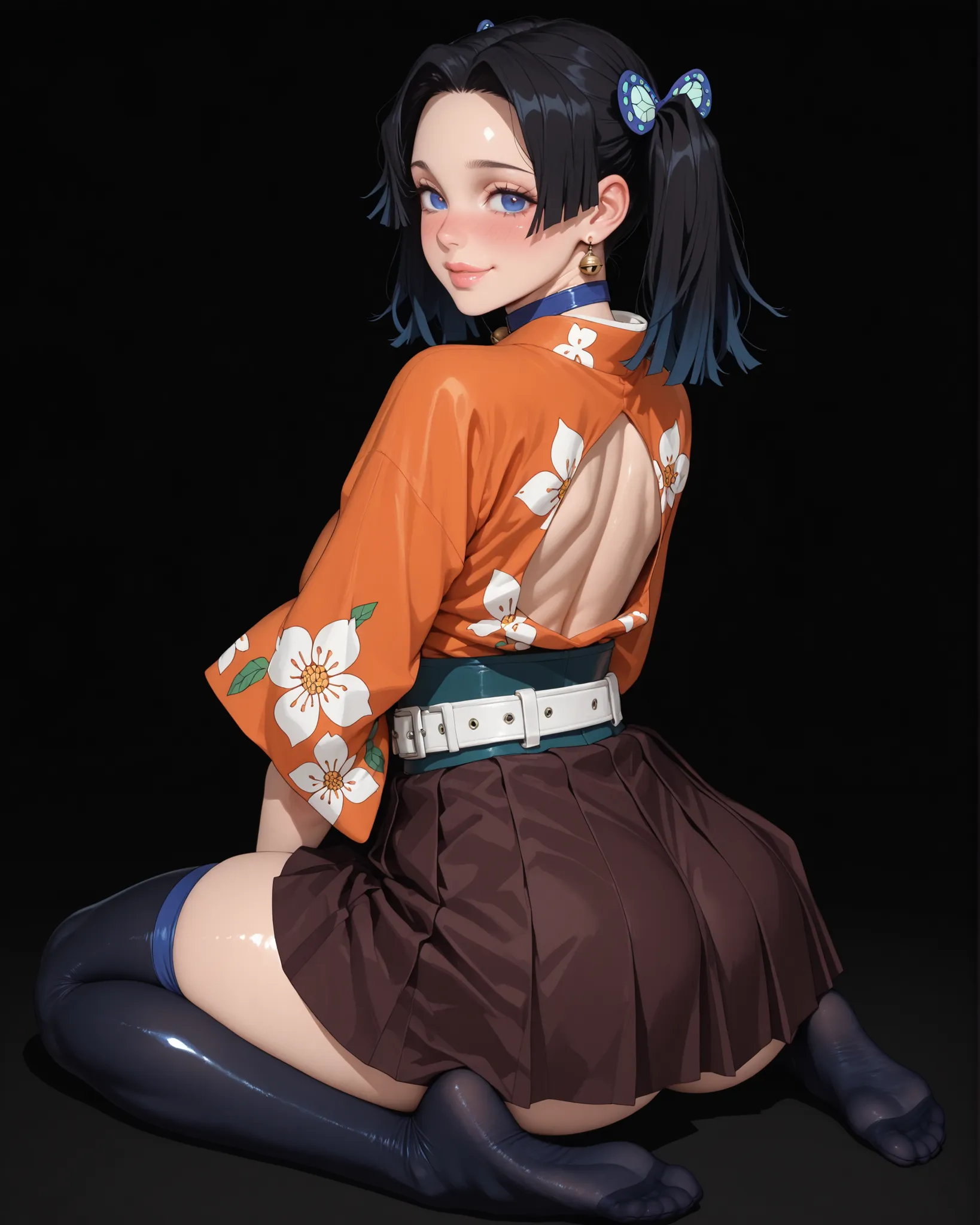masterpiece, best quality, amazing quality, hyper-detailed, Demon Slayer anime character , Aoi Kanzaki  ,  black background ,  plump lips, shiny body , shiny lips,  , slim , body , moderately wide hips , normal boobs size, sexy figure , slim ,wide hips   s...