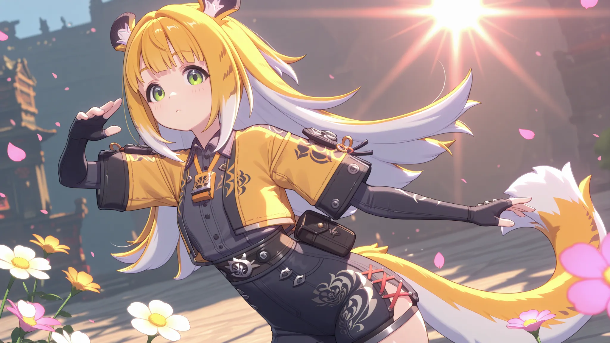 jufufu,1 girl, turned around, fighting pose, looks at the viewer, epic background
masterpiece, top quality, superb quality, is very beautiful, very high resolution, shiny skin, Shine, sun beam, flower petals on