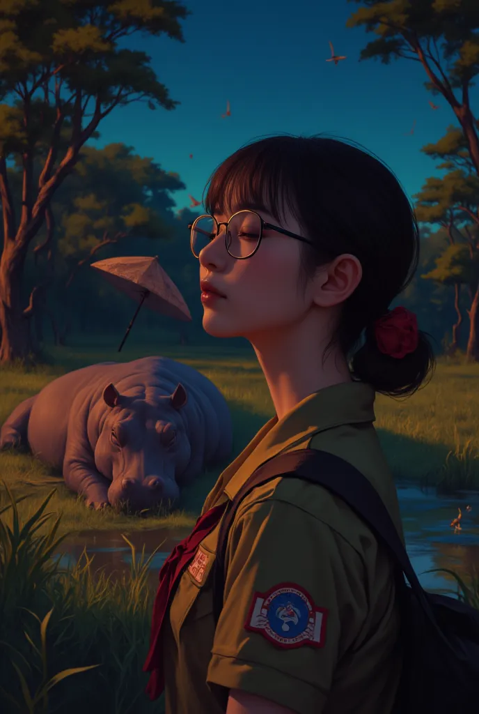 ((top quality、masterpiece、high sensitivity、high resolution、Detailed Description、depiction of a delicate face、Ｆvalue：6.0),((Slender Woman、wearing glasses)),with a large fan、Girl Scouts、I ran into a sleeping hippopotamus on a night safari、