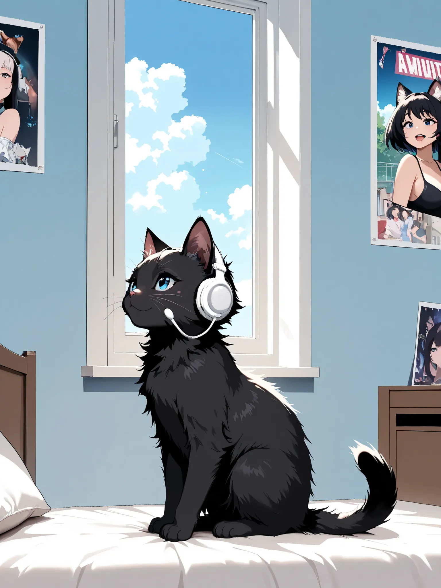 ,masterpiece, good quality, amazing quality, very aesthetic, anime, highres, absurdres, 16K resolution. | Kitten with fluffy black fur, white headset, moving her head while enjoying music. Bed room with Music posters, a window with blue sky.
