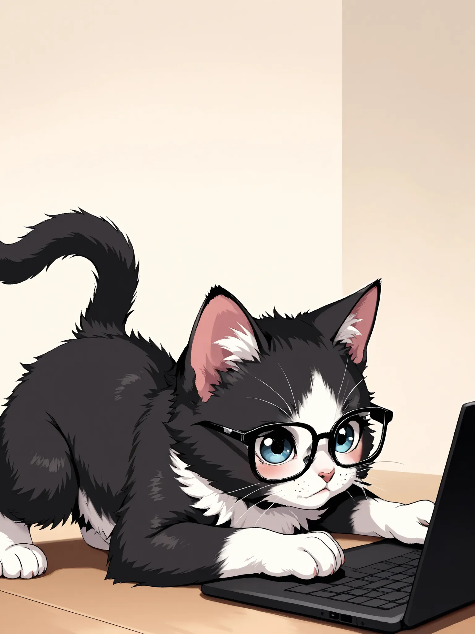 ,masterpiece, good quality, amazing quality, very aesthetic, anime, highres, absurdres, 16K resolution. | Kitten with fluffy black and white fur, nerdy glasses, typing at a laptop.