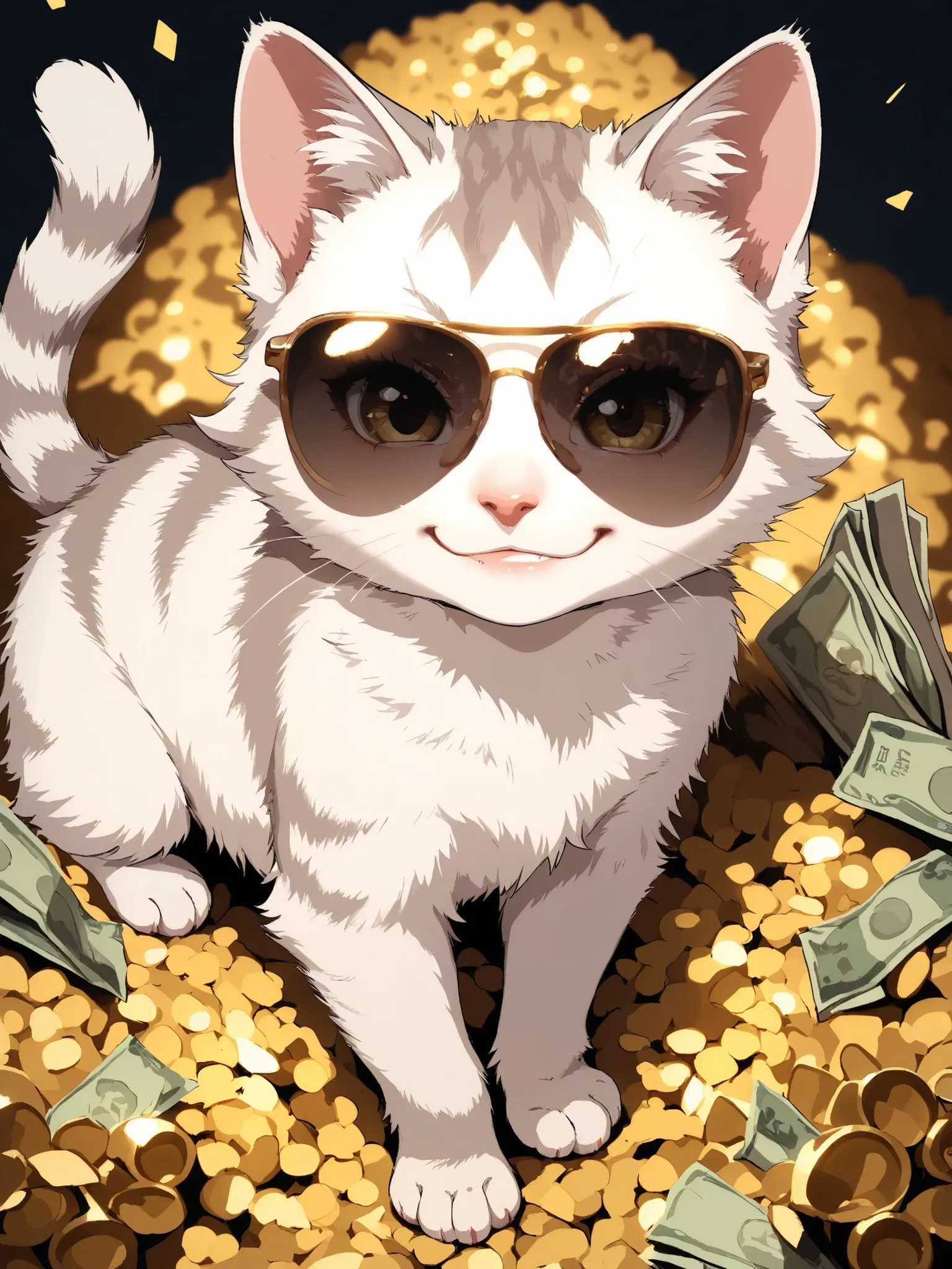,masterpiece, good quality, amazing quality, very aesthetic, anime, highres, absurdres, 16K resolution. | Kitten with fluffy tabby fur, cool shades, smirking above pile of gold and money.
