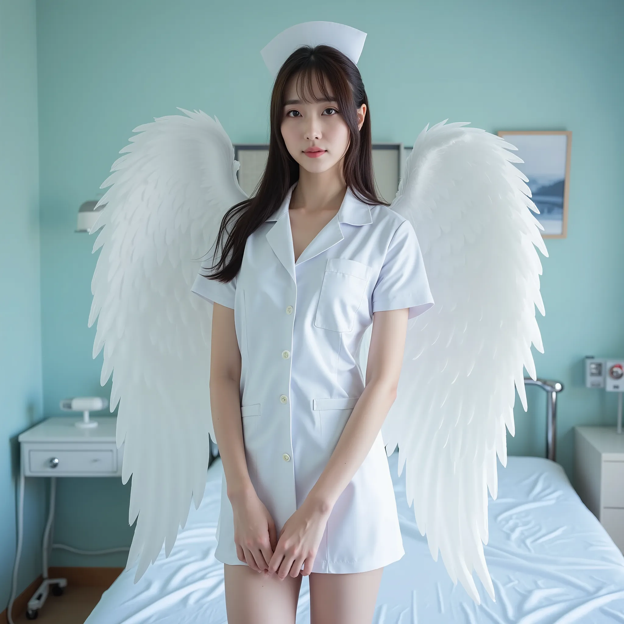  (angel wings made by machine:1.10), angel woman with wings, has a metallic chrome reflection on one side, BREAK, 
ultra high resolution、best quality、very detailed、professional photo、Japanese Top Idol、Fine Textures、Ultra-clear focus, natural pose、create an...