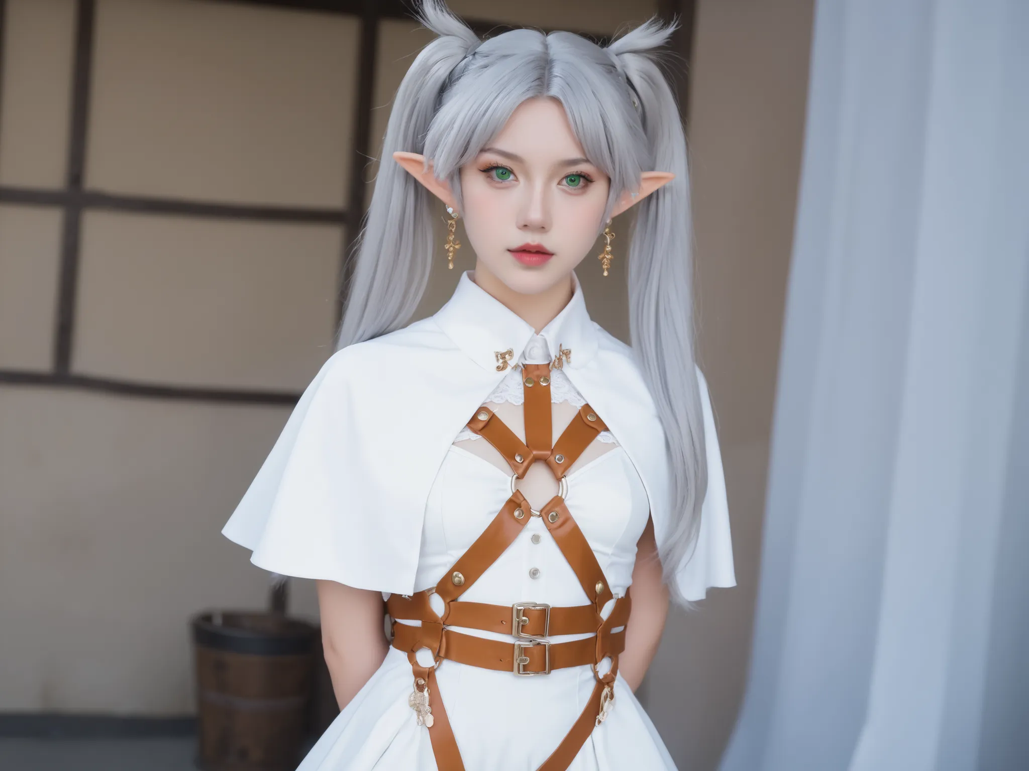 ,frieren, long hair, twintails, green eyes, grey hair, pointy ears, elf, small breasts, anime screencap,frier3n, pointy ears, twintails, elf, long hair, green eyes, parted bangs, white hair, white capelet, white dress, pantyhose,  brown boots,  she is show...
