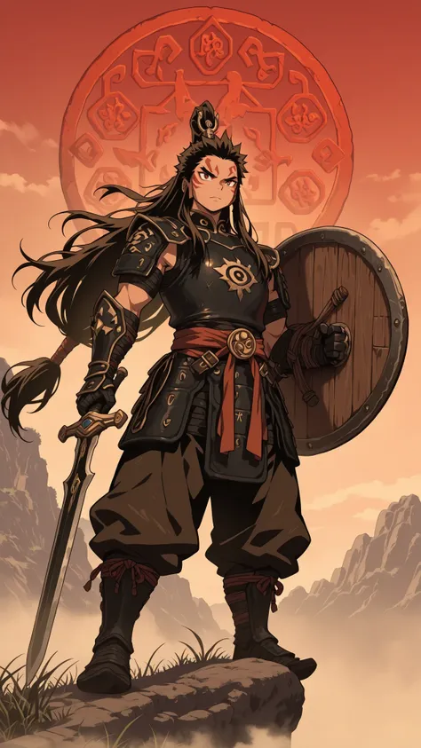 ** A Chinese warrior full image of the Tang dynasty **.  He wears traditional armor made of leather and metal ,  intricately decorated with dragon motifs .  Holds a sword in one hand and a round shield in the other .  The warrior has a fierce expression , ...