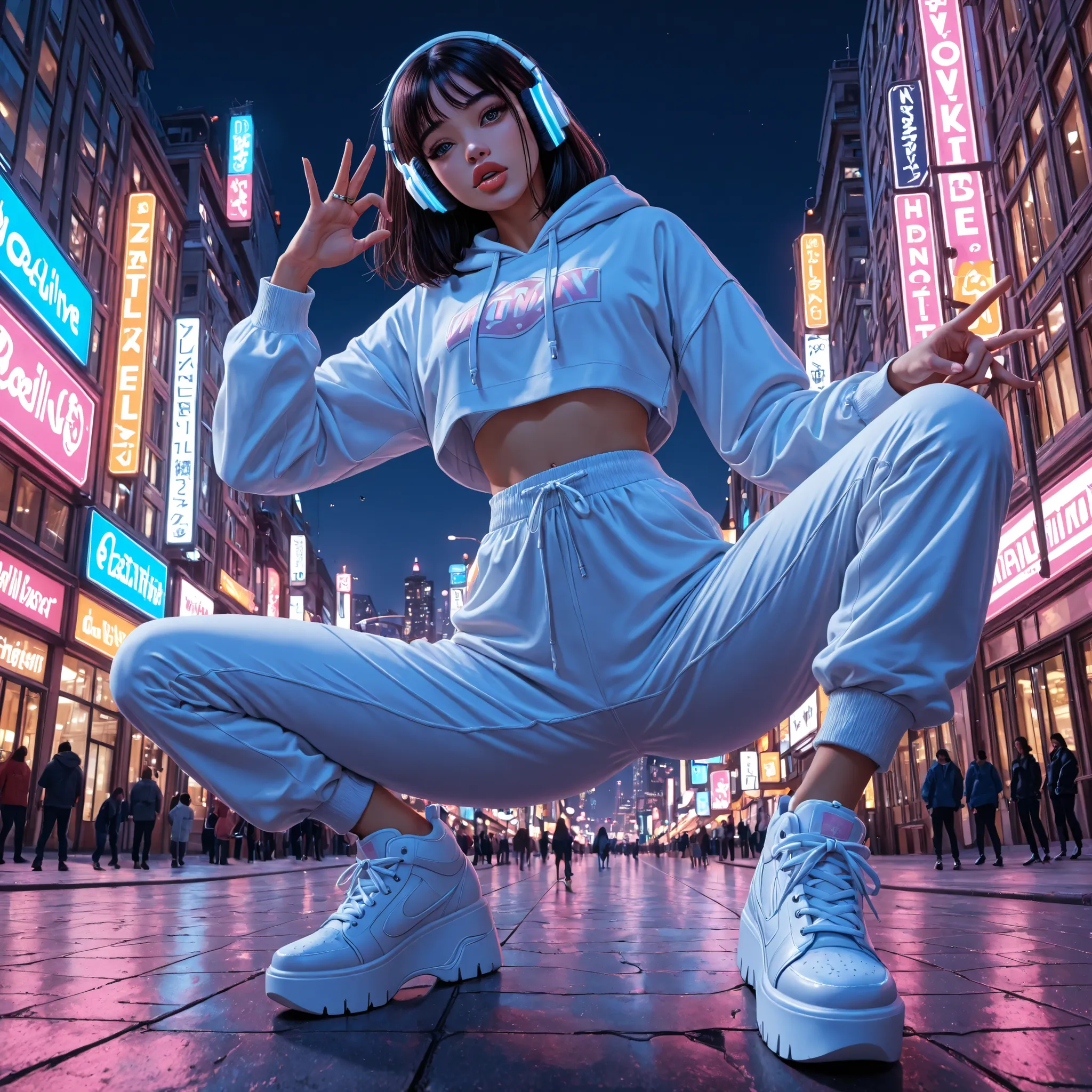 detailxl, ,big lips, boltedonlips,,,, masterpiece, amazing, 4k,beast quality, very good, ultra detailed,,,, clean lineart, anime urban scene, cel shading, pastel nighttime tones, young Indonesian woman in a lit cityscape at night, wearing white crop top an...