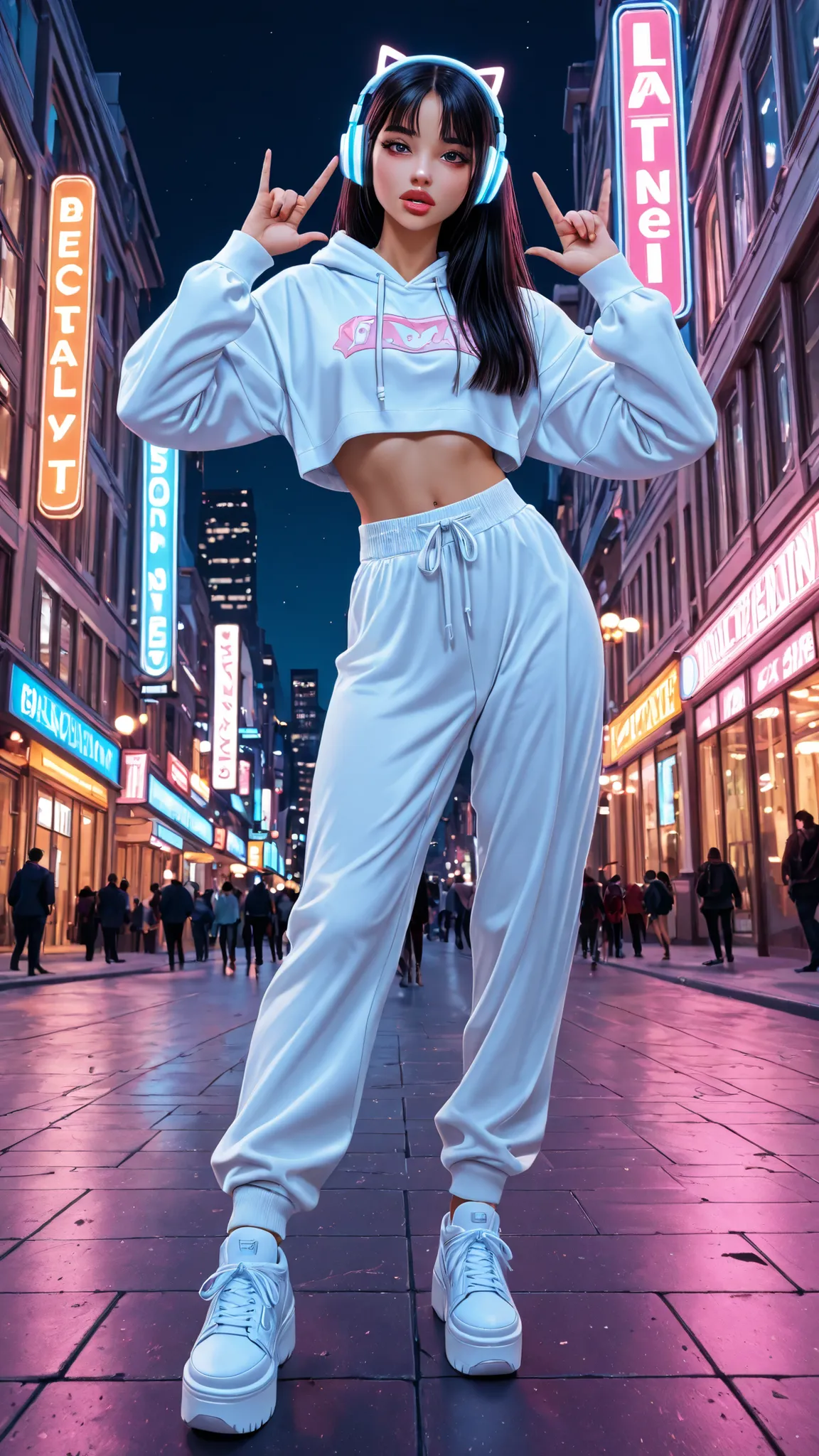 detailxl, ,big lips, boltedonlips,,,, masterpiece, amazing, 4k,beast quality, very good, ultra detailed,,,, clean lineart, anime urban scene, cel shading, pastel nighttime tones, young Indonesian woman in a lit cityscape at night, wearing white crop top an...
