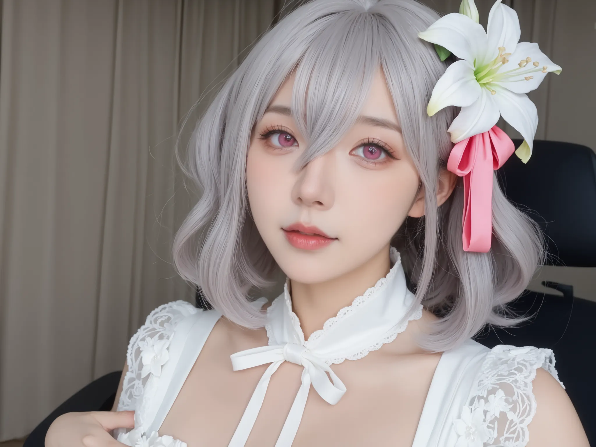 lily, pink eyes, bangs, hair ornament, bow, ribbon, hair between eyes, hair ribbon, flower, ahoge, grey hair, hair flower, medium hair, white flower, mature female, breasts, anime screencap, pele real,textura da pele,