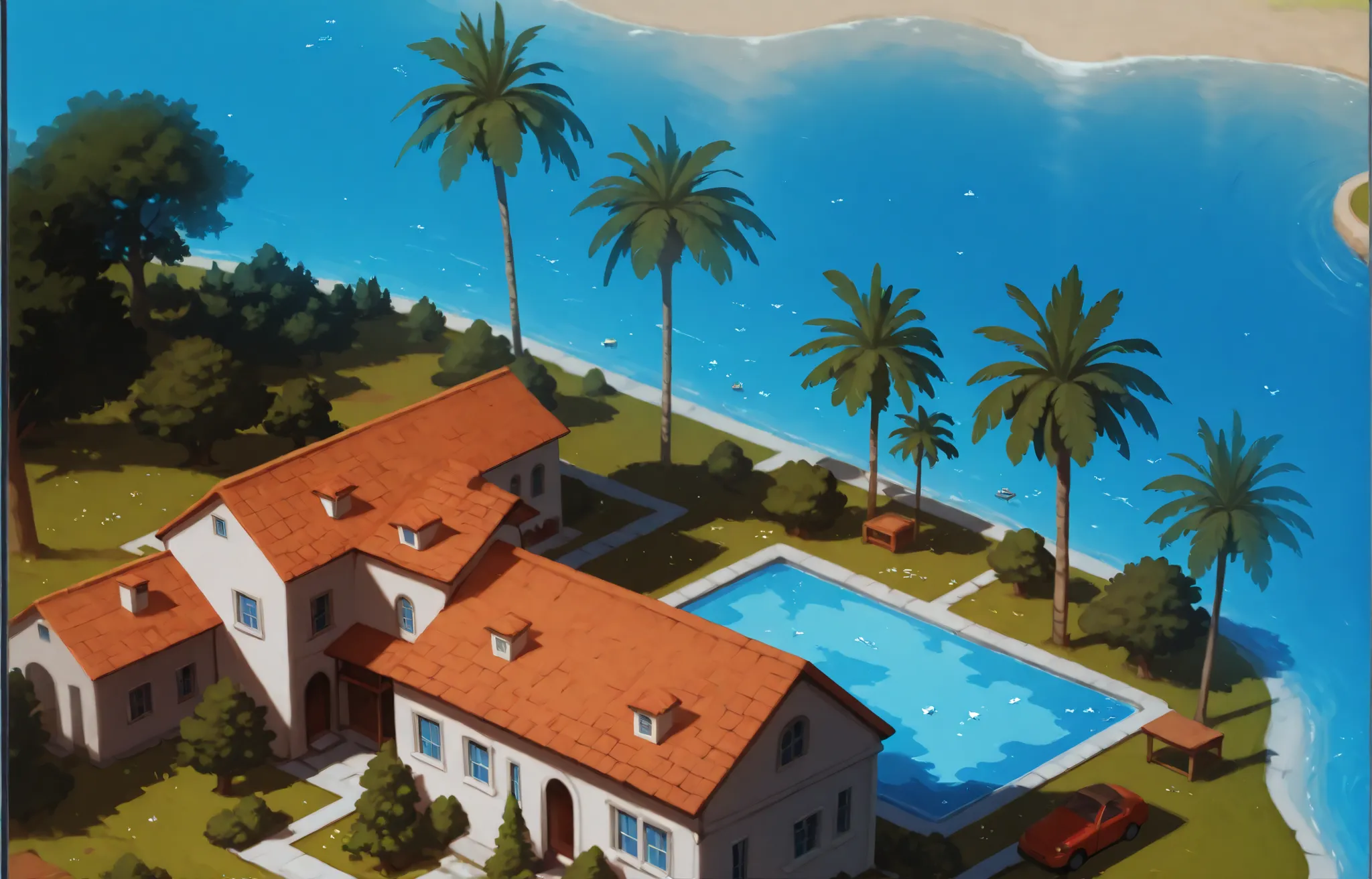 ((location)). ((no piople)), Isometric game for upgradeable city-builder, ((современный остров)) ((modern, expensive, with a backlight. elite)), ((море)), ((вода)), ((облака))