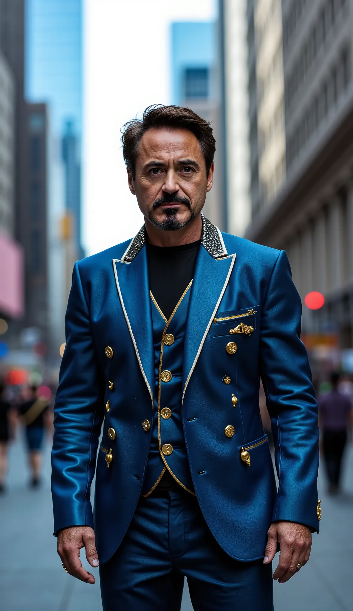 ROBERT DOWNEY JR mega-realistic blue tuxedo with gold details and a luxury watch on the right wrist, high-quality wall street background with shiny blue mirrored buildings and people in the background