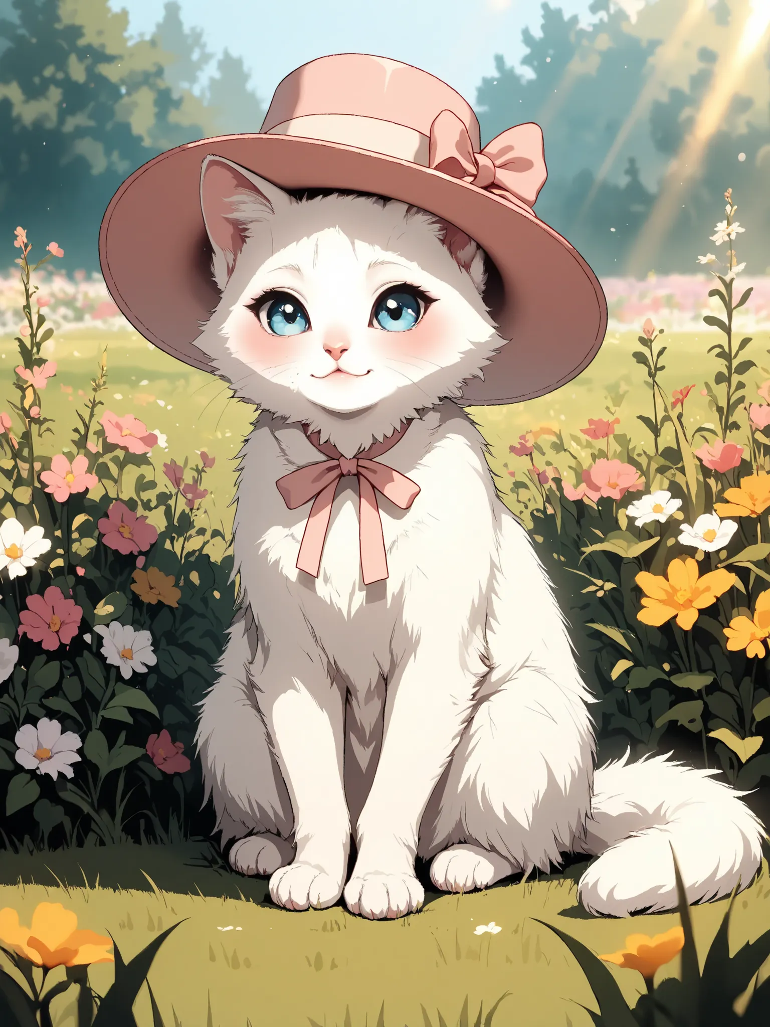,masterpiece, good quality, amazing quality, very aesthetic, anime, highres, absurdres, 16K resolution. | Kitten with fluffy white fur, fancy feminine hat, sitting at a grass in flower garden, enjoying warm sunlight.