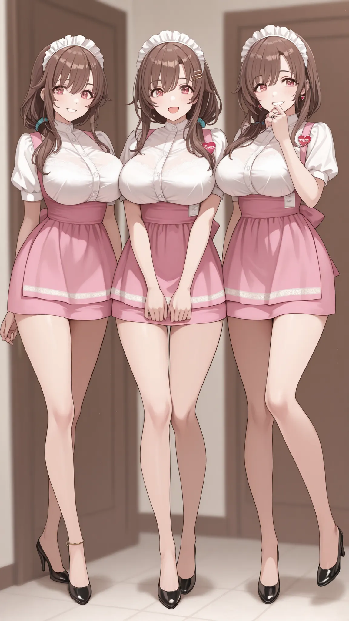 Mature Woman女性, Housewife, she closes her mouth、smiles gently,Full Body,Kind Eyes, Brown Hair, low long hair, pink waitress costume__ Very short skirt with visible crotch ,white lace panties visible ,black high heels,anklet,I have a ring on the ring finger...
