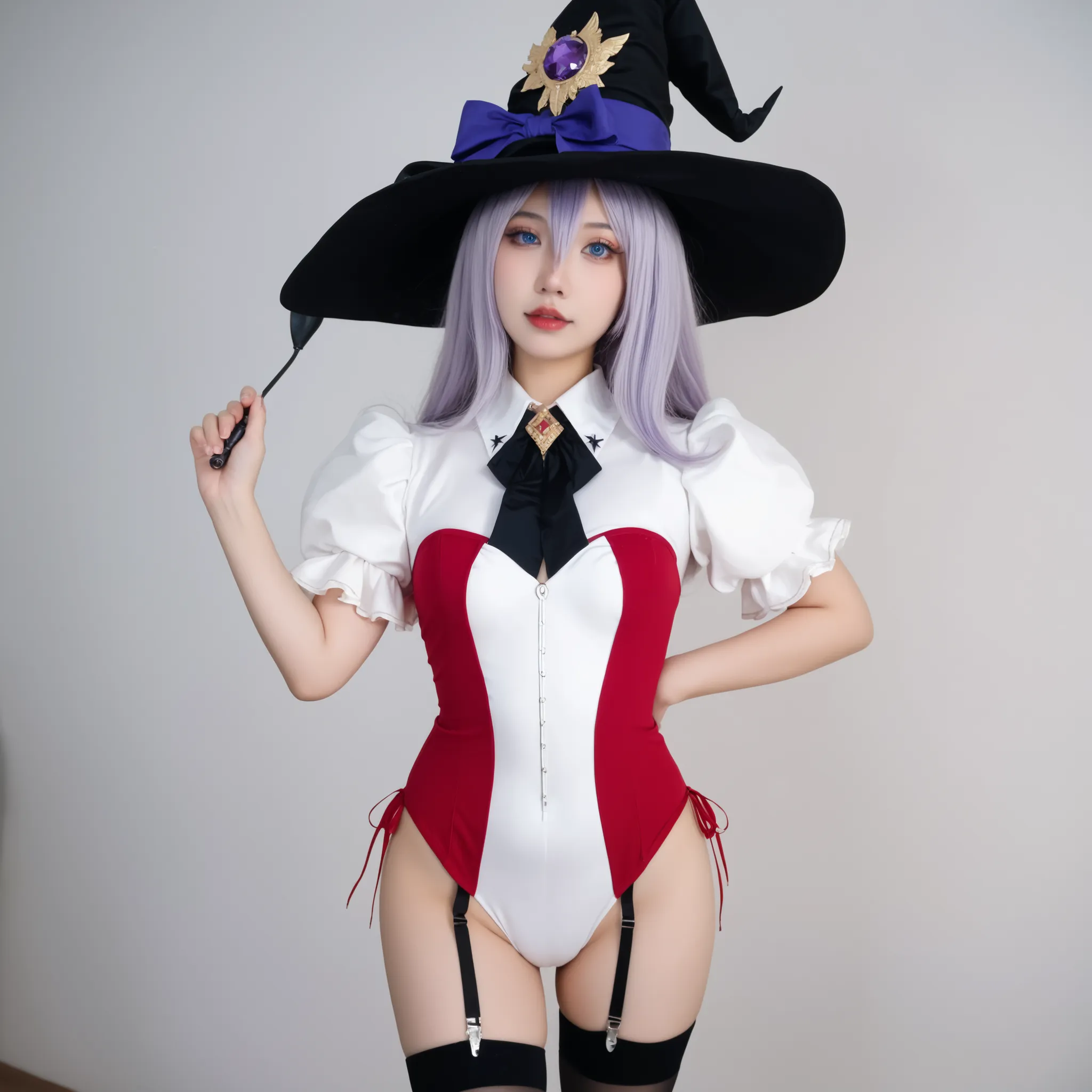 nagomis1_cnr, 1girl, light purple hair, hair between eyes, blue eyes, small breasts, witch hat, red dress, white dress, two-tone dress,white leotard, puffy sleeves, garter straps, black thighhighs, thigh boots, ela está de sentada de pernas abertas no corr...