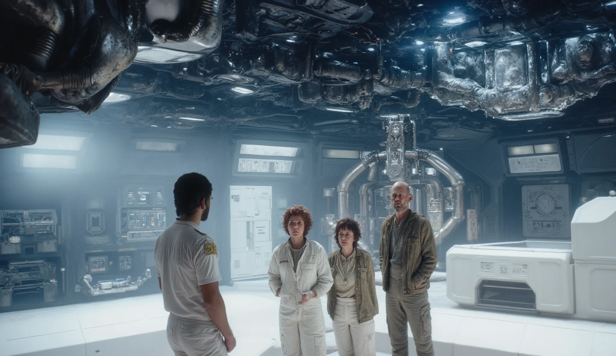Sci-fi scene, hyper-detailed, cinematic lighting. A group of astronauts steps out of a sleek silver spaceship onto a surreal alien landing pad. Everything — ships, buildings, ground — is covered in smooth, glossy white porcelain, as if dipped in liquid cer...