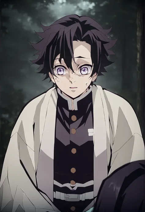 (Anime scene: enigmatic forest, moving character, character focus) A young boy with light brown skin, expressive, rebellious eyes, Kanae-style dark purple eyes. His haircut is short and upturned at the ends, with side-swept bangs, giving him a casual look....