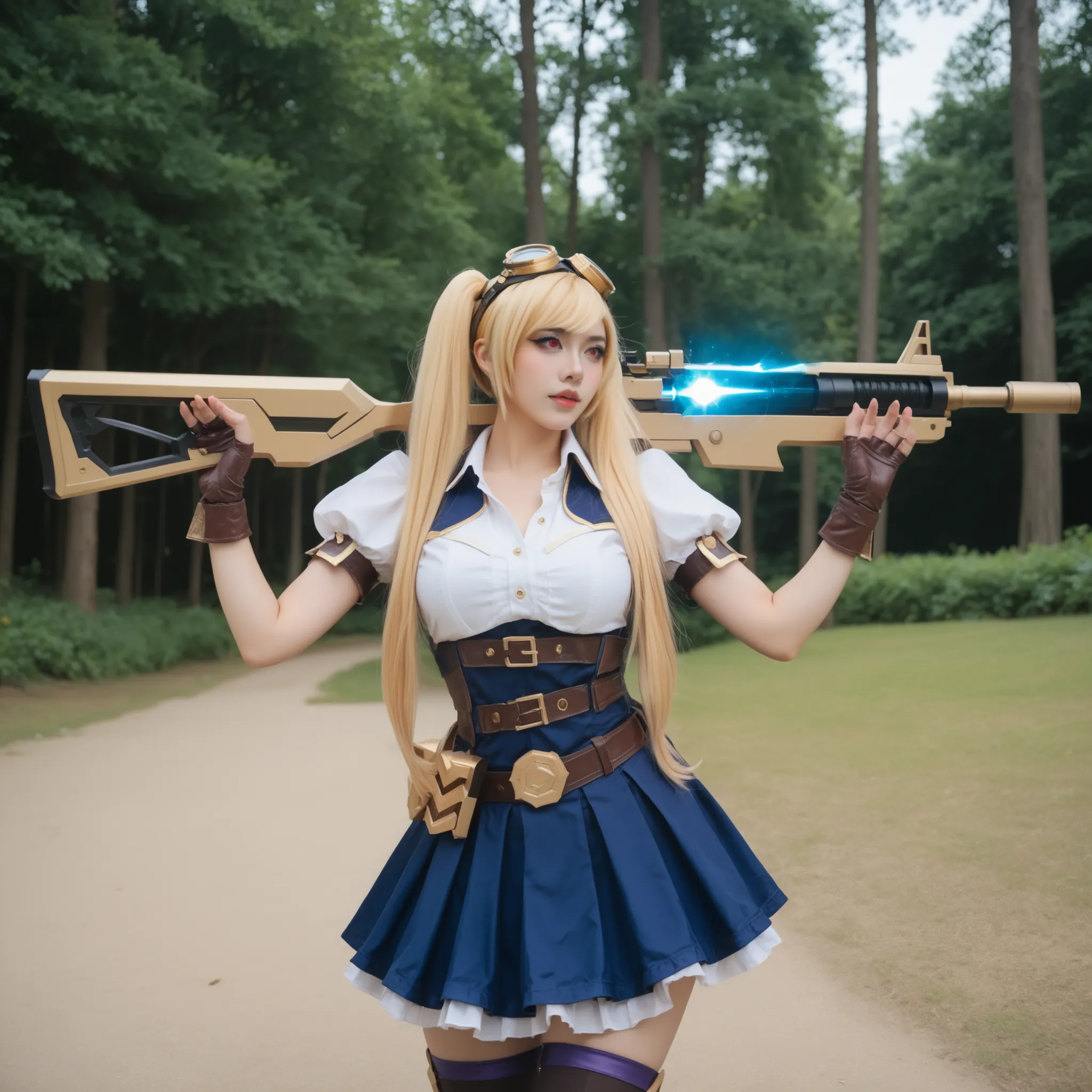 Foto ultradetalhada, garota cosplayer, ela é cosplayer de layla from mobile legends, ( layla from mobile legends), twintails, blonde, blonde hair, long hair, very long hair, red eyes, goggles, goggles on head, gloves, thighhighs, skirt, short sleeves, fing...