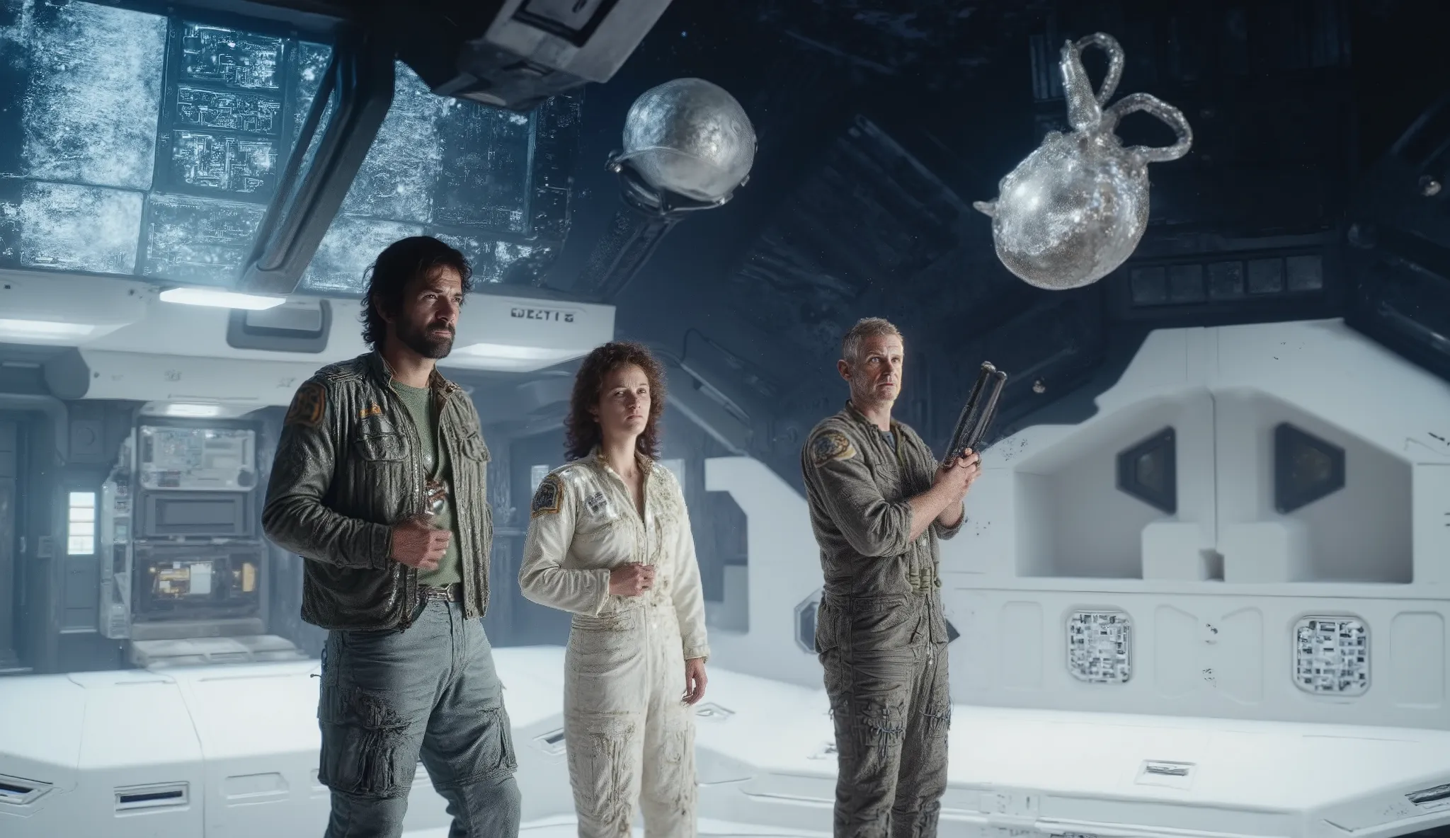 Sci-fi scene, hyper-detailed, cinematic lighting. A group of astronauts steps out of a sleek silver spaceship onto a surreal alien landing pad. Everything — ships, buildings, ground — is covered in smooth, glossy white porcelain, as if dipped in liquid cer...