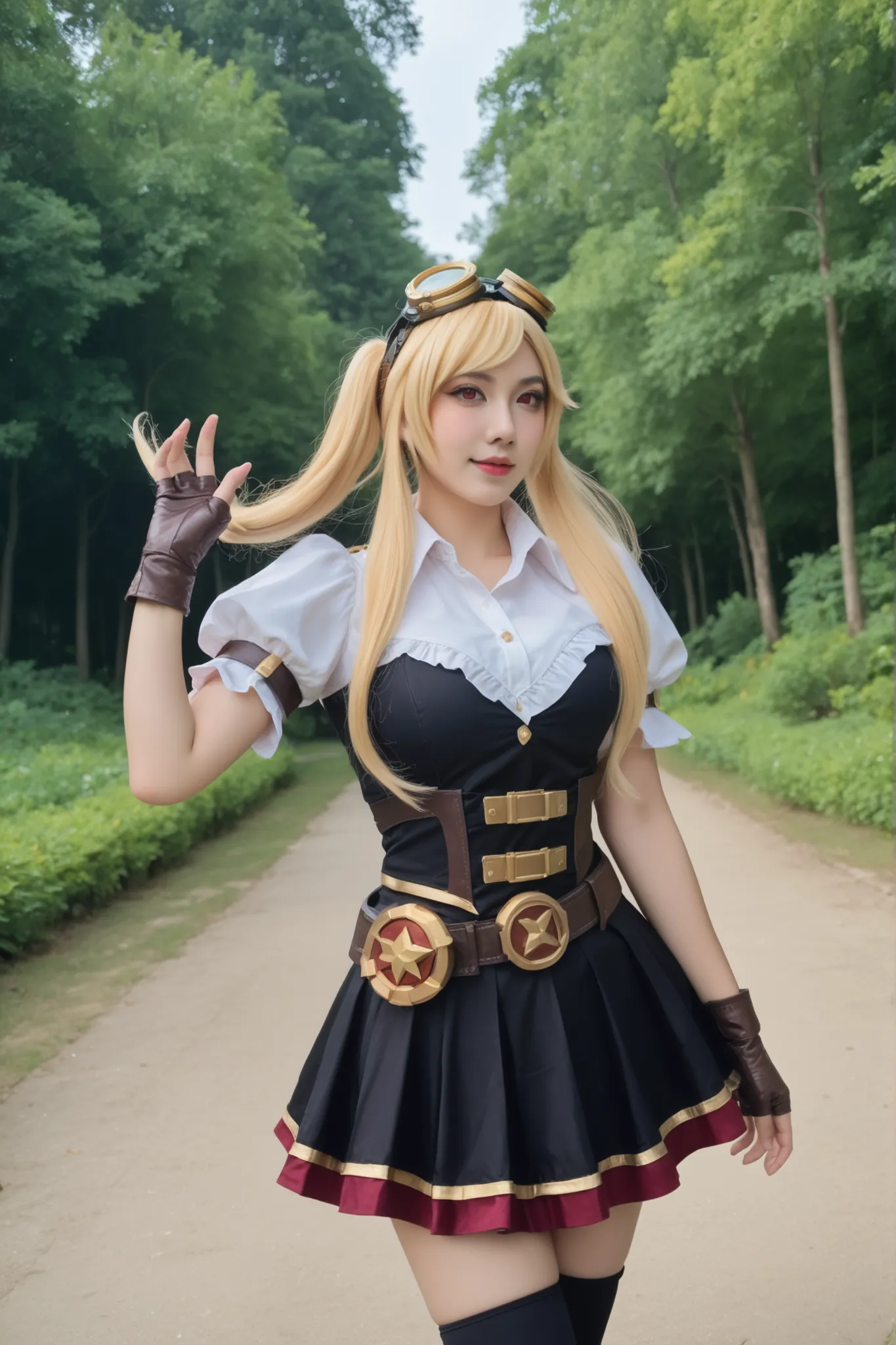 Foto ultradetalhada, garota cosplayer, ela é cosplayer de layla from mobile legends, ( layla from mobile legends), twintails, blonde, blonde hair, long hair, very long hair, red eyes, goggles, goggles on head, gloves, thighhighs, skirt, short sleeves, fing...
