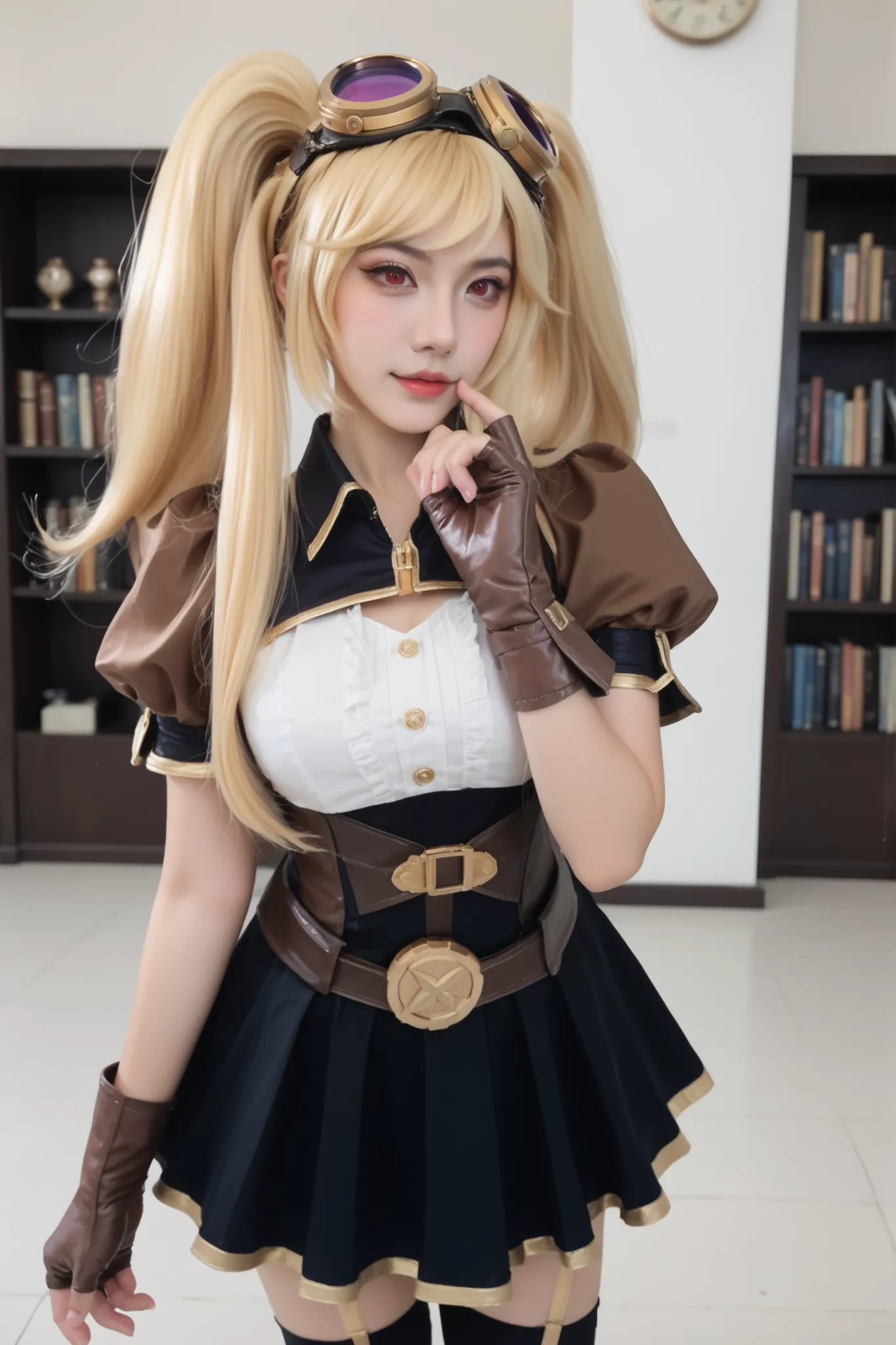 Foto ultradetalhada, garota cosplayer, ela é cosplayer de layla from mobile legends, ( layla from mobile legends), twintails, blonde, blonde hair, long hair, very long hair, red eyes, goggles, goggles on head, gloves, thighhighs, skirt, short sleeves, fing...