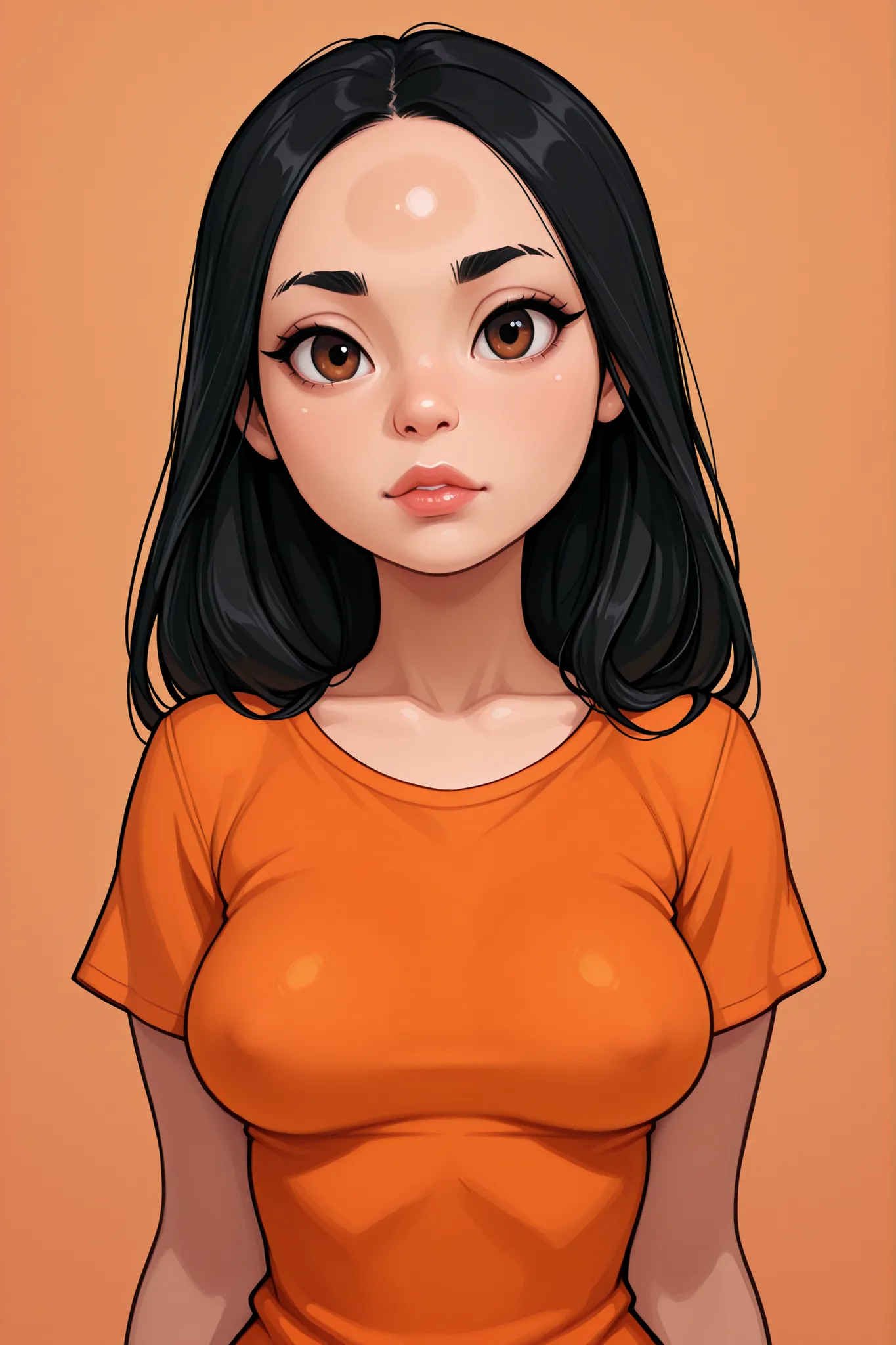 Perfect Face, Perfect Body, Black Hair, Long Hair, (Forehead), Black Thin Eyebrows, Brown Eyes, Lips Without Makeup, (Medium Breasts, Perfect Breasts), (Orange T-Shirt), Looking At Viewer