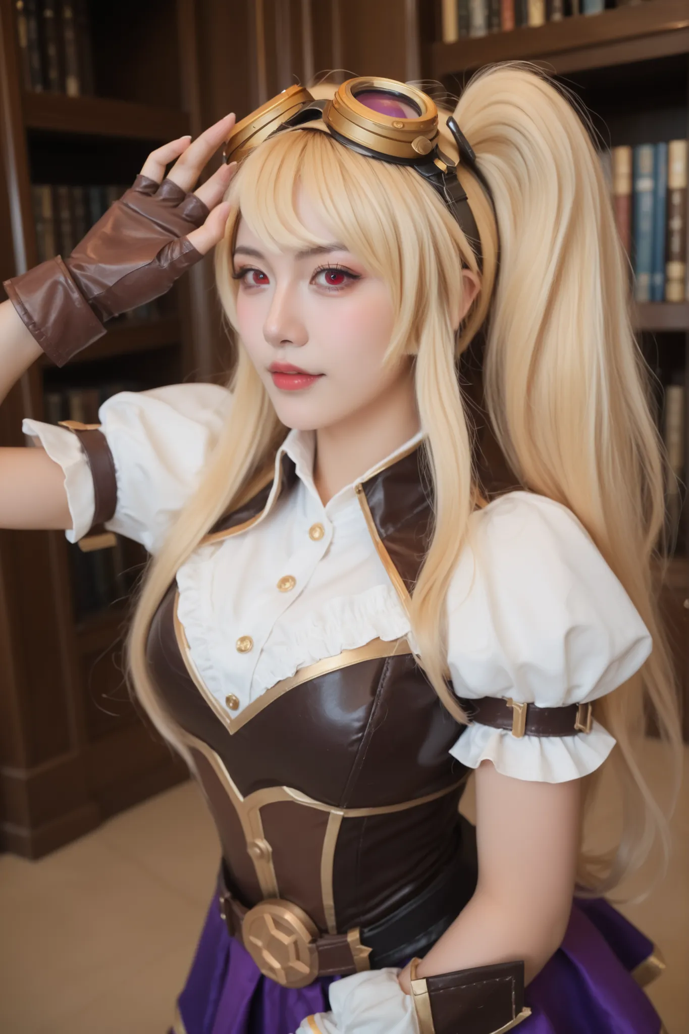 Foto ultradetalhada, garota cosplayer, ela é cosplayer de layla from mobile legends, ( layla from mobile legends), twintails, blonde, blonde hair, long hair, very long hair, red eyes, goggles, goggles on head, gloves, thighhighs, skirt, short sleeves, fing...